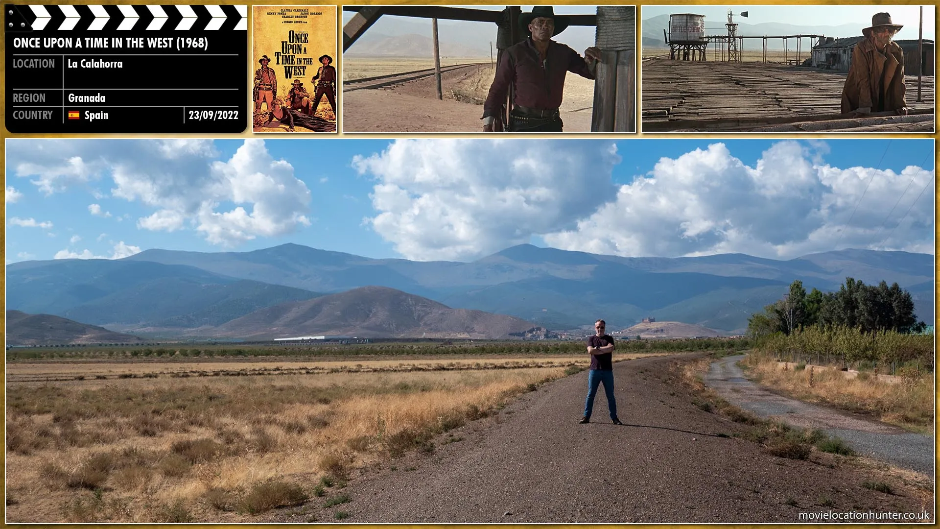 Filming location photo, shot in Spain, for Once Upon a Time in the West (1968). Scene description: The men (Jack Elam, Woody Strode, Al Mulock), wearing duster overcoats, take over the station and settle in to wait for the train.