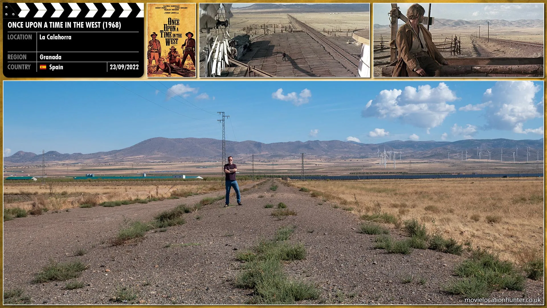 Filming location photo, shot in Spain, for Once Upon a Time in the West (1968). Scene description: In the desert Southwest of America during the waning days of the Old West, three gunmen (Jack Elam, Woody Strode, Al Mulock) patiently wait at a train station.