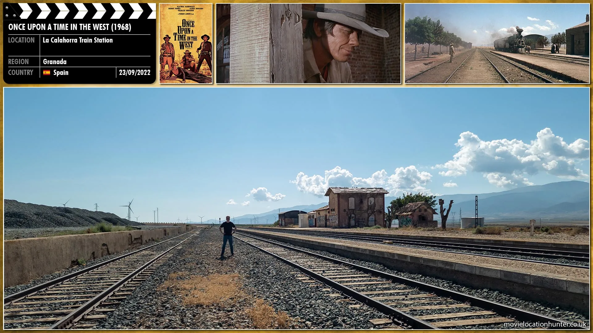 Filming location photo, shot in Spain, for Once Upon a Time in the West (1968). Scene description: Harmonica (Charles Bronson) follows Wobbles (Marco Zuanelli) as he crosses the tracks and enters Frank's (Henry Fonda) private carriage.