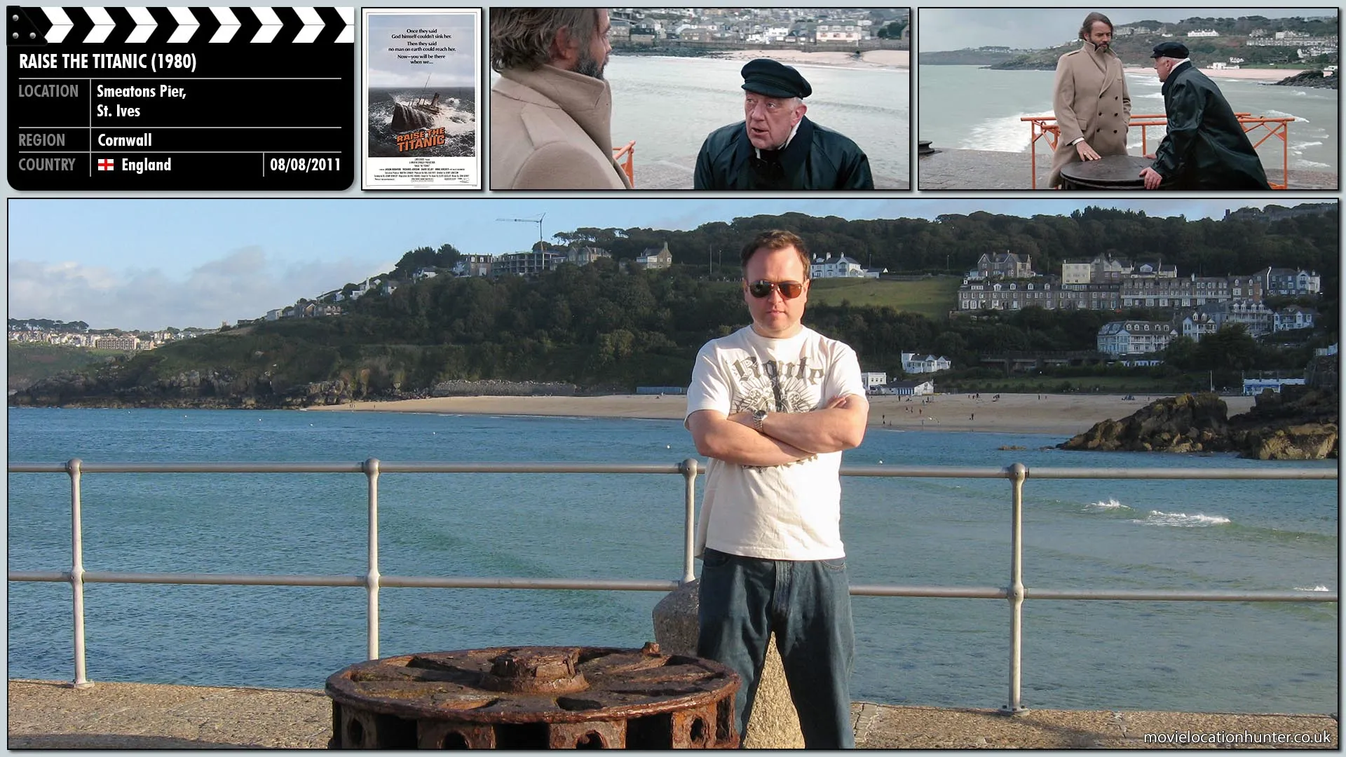Filming location photo, shot in England, for Raise the Titanic (1980). Scene description: Pitt (Richard Jordan) is aided by Bigalow (Alec Guinness), one of the Titanic's last survivors, who explains he was also the last person to see the American alive.