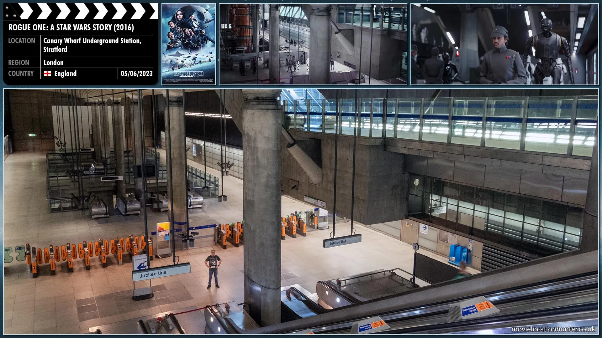 Filming location photo, shot in England, for Rogue One: A Star Wars Story (2016). Scene description: An elevator door opens and Jyn Erso (Felicity Jones), Cassian Andor (Diego Luna) and K-2SO (Alan Tudyk) walk out into a hallway of the facility, full of Imperial officers and stormtroopers.