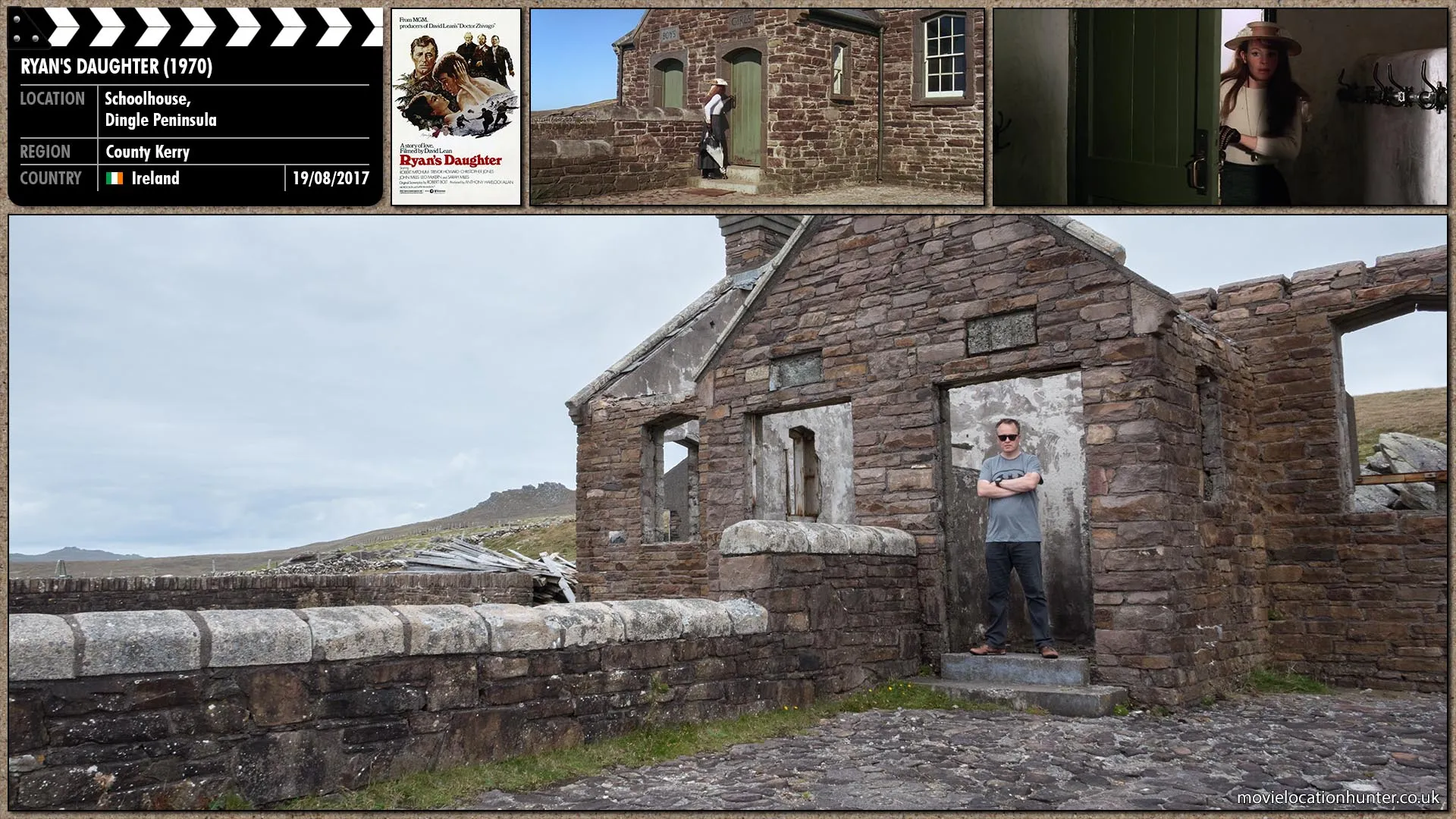 Filming location photo, shot in Ireland, for Ryan's Daughter (1970). Scene description: Rosy (Sarah Miles) enters the school house through the door marked 