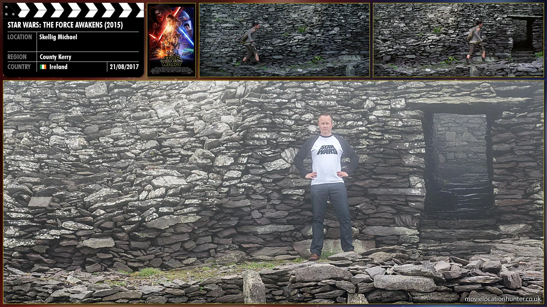 Filming location photo, shot in Ireland, for Star Wars: The Force Awakens (2015). Scene description: Rey (Daisy Ridley) arrives at a clearing. Small, modest, primitive stone structures. Rey walks under a small arch deeper into the structures.