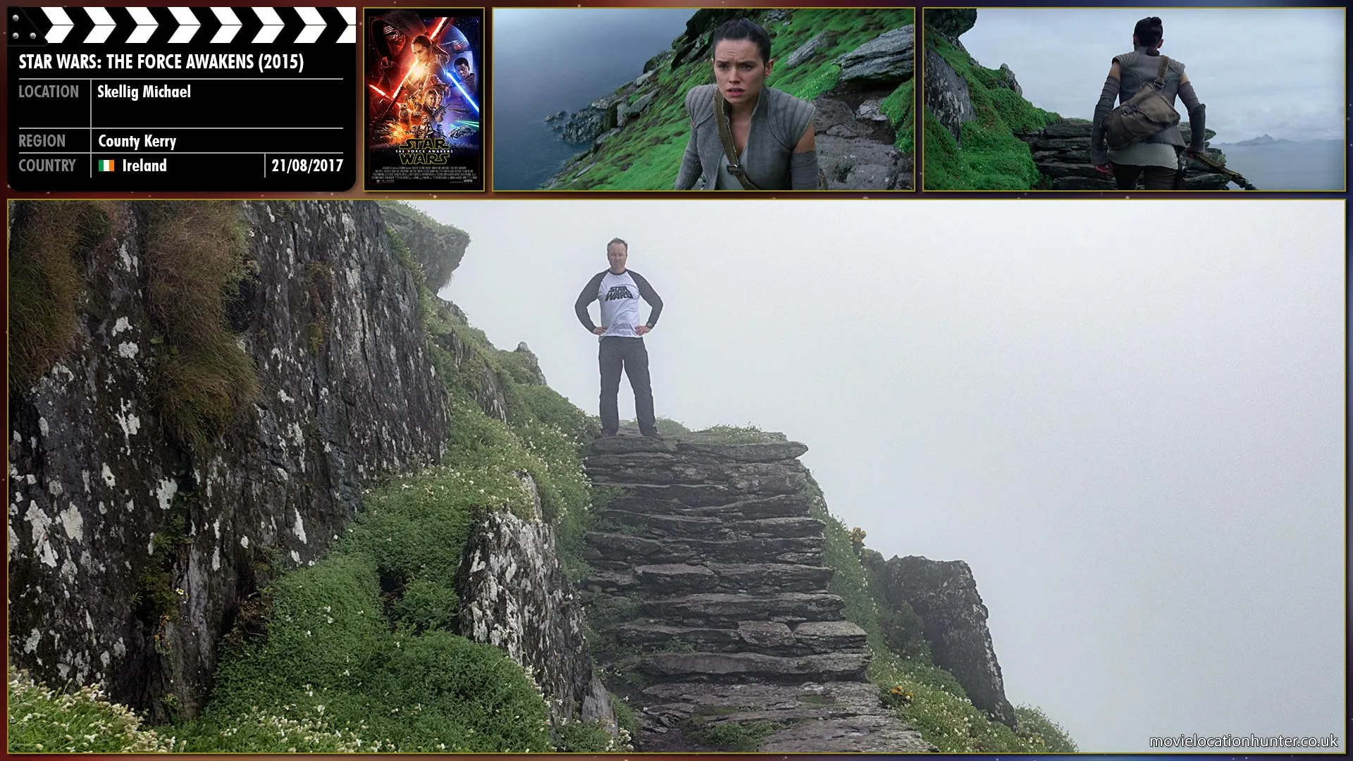 Filming location photo, shot in Ireland, for Star Wars: The Force Awakens (2015). Scene description: Built within the rock and foliage of this idyllic island are seemingly endless ancient stone steps. Rey (Daisy Ridley) continues to climb them, determined, despite her fatigue.