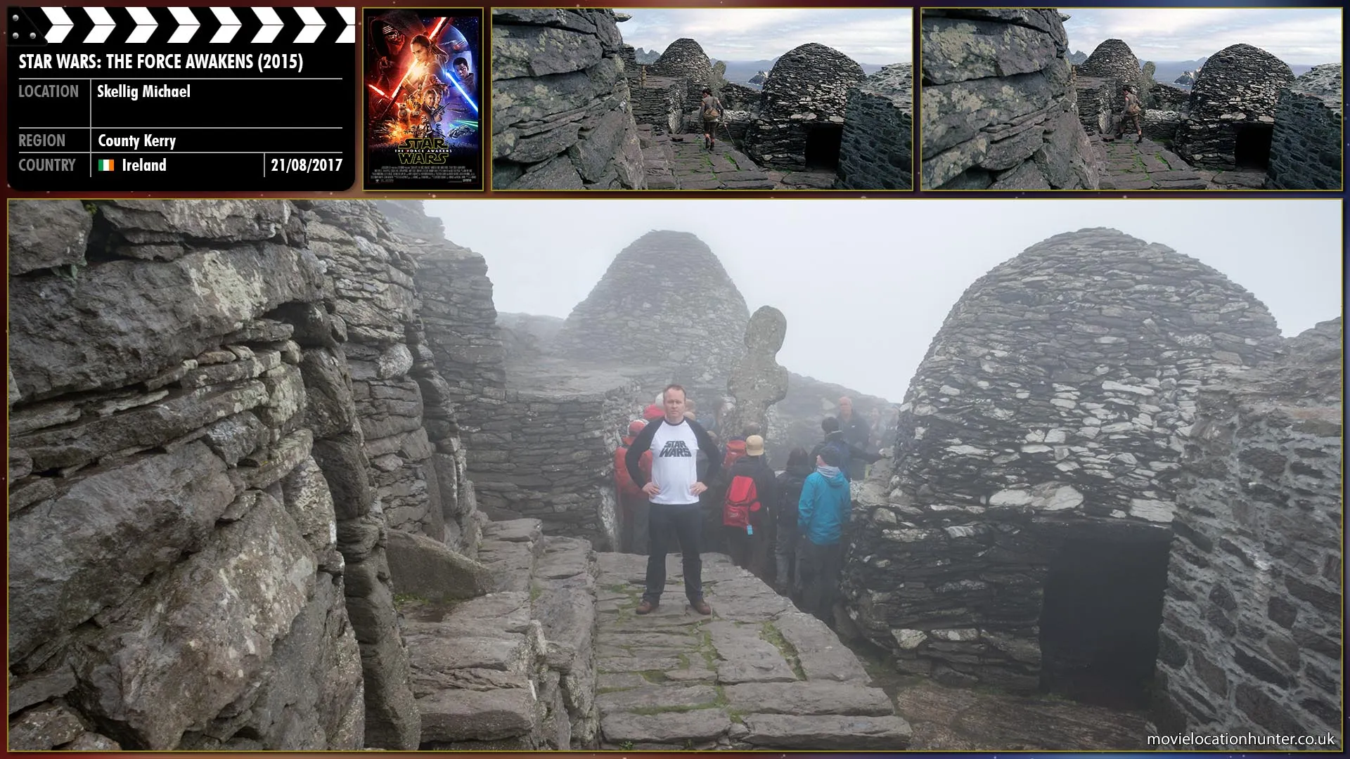 Filming location photo, shot in Ireland, for Star Wars: The Force Awakens (2015). Scene description: Rey (Daisy Ridley) is surrounded by primitive stone structures. Rey spots a small box on the path but no one around.