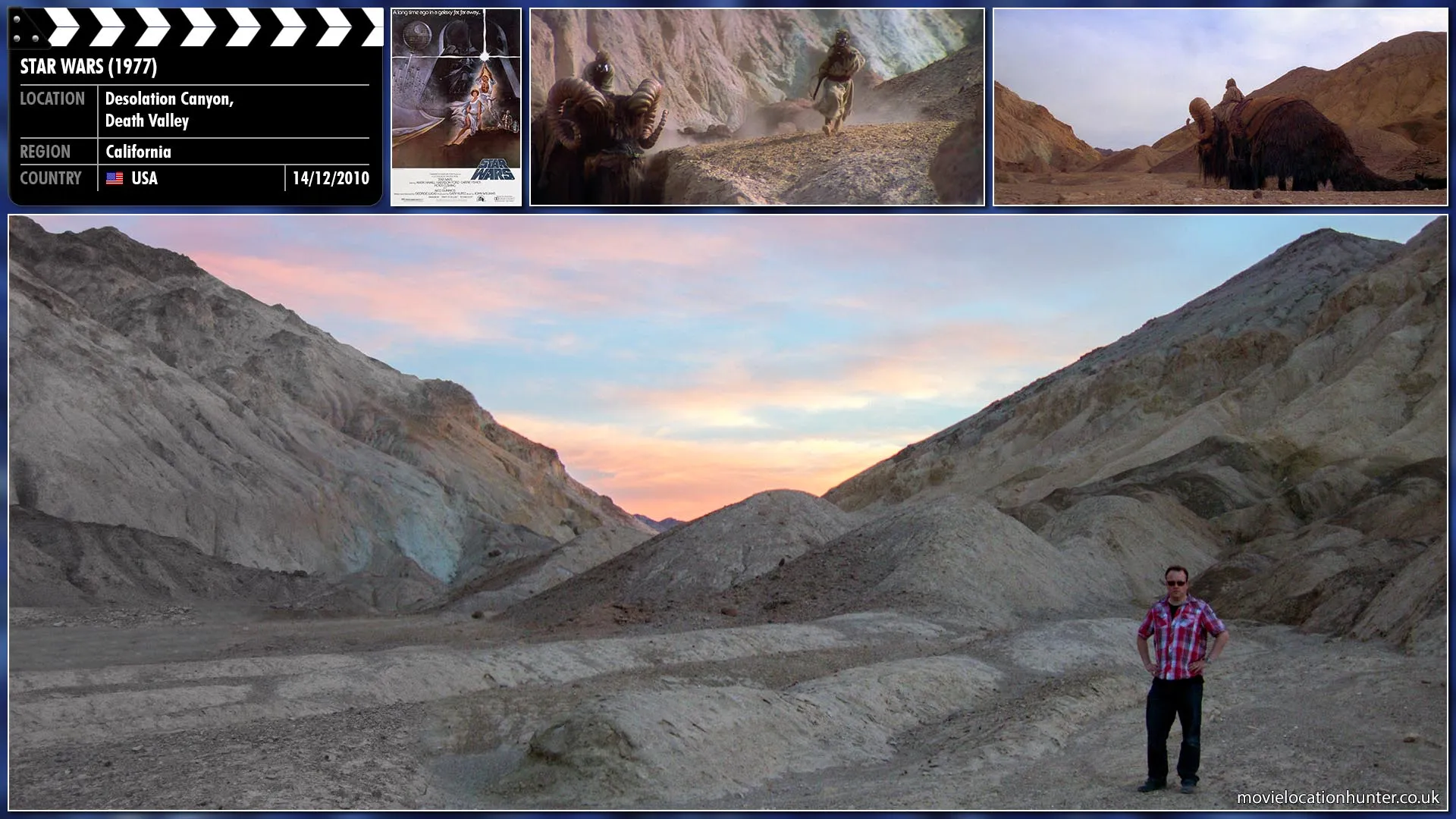 Filming location photo, shot in USA, for Star Wars (1977). Scene description: Luke (Mark Hamill) and 3PO set out in Luke's landspeeder to find R2.  They are spotted by Sand People who are preparing an ambush.
