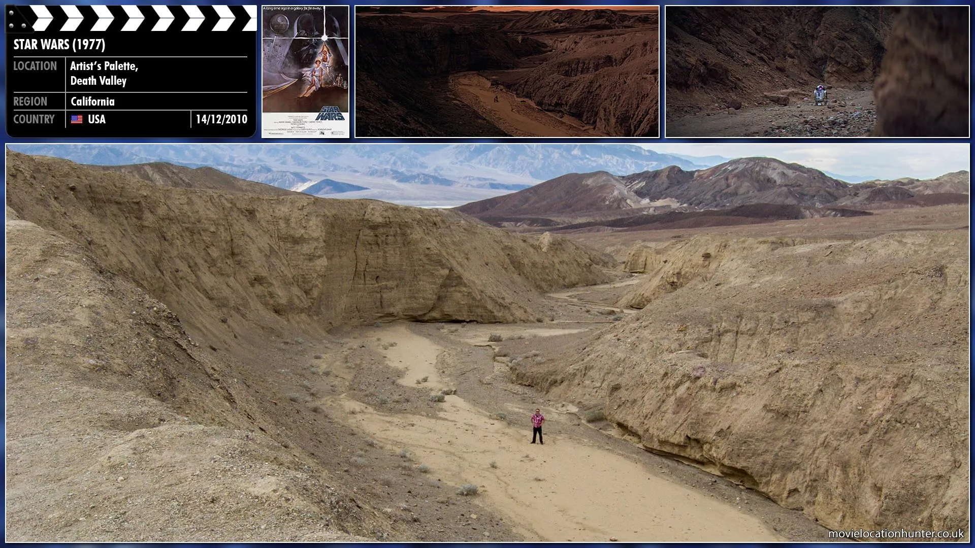 Filming location photo, shot in USA, for Star Wars (1977). Scene description: After leaving the sand dunes R2-D2 (Kenny Baker) enters a canyon.