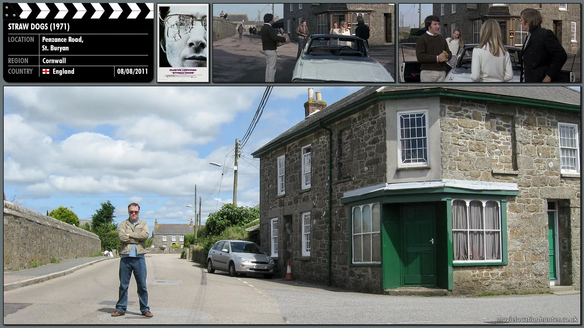 Filming location photo, shot in England, for Straw Dogs (1971). Scene description: David (Dustin Hoffman) is introduced by Amy (Susan George) to Charlie Venner (Del Henney), an intense young man who is also an ex-lover of David's wife. David also meets two of Charlie's cousins named Janice Hedden (Sally Thomsett), and Bobby (Len Jones), her young brother.