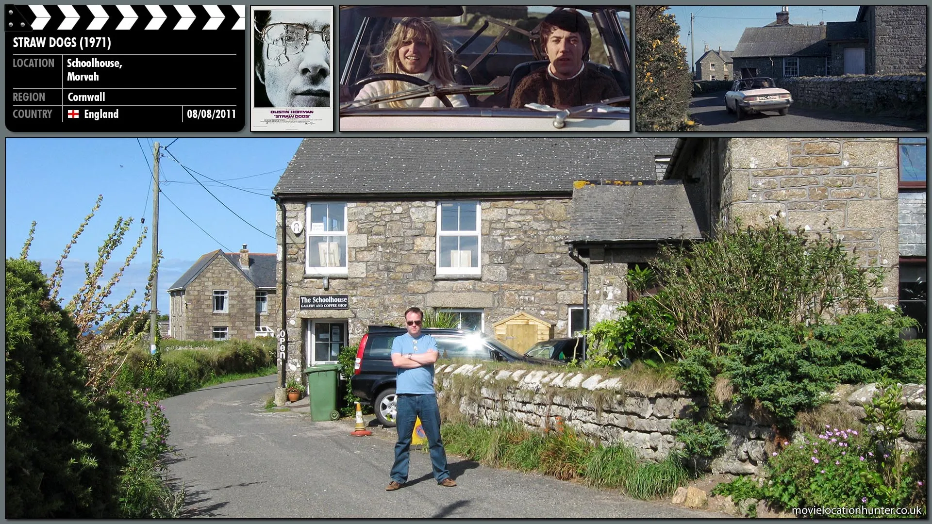 Filming location photo, shot in England, for Straw Dogs (1971). Scene description: David (Dustin Hoffman) and Amy (Susan George) drive from the village to their new home.