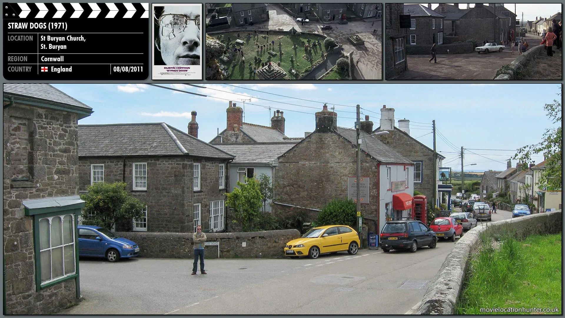 Filming location photo, shot in England, for Straw Dogs (1971). Scene description: After securing a grant to study stellar structures, American applied mathematician David Sumner (Dustin Hoffman) moves with his glamorous young British wife Amy (Susan George) to her natal village of Wakely in the Cornish countryside.