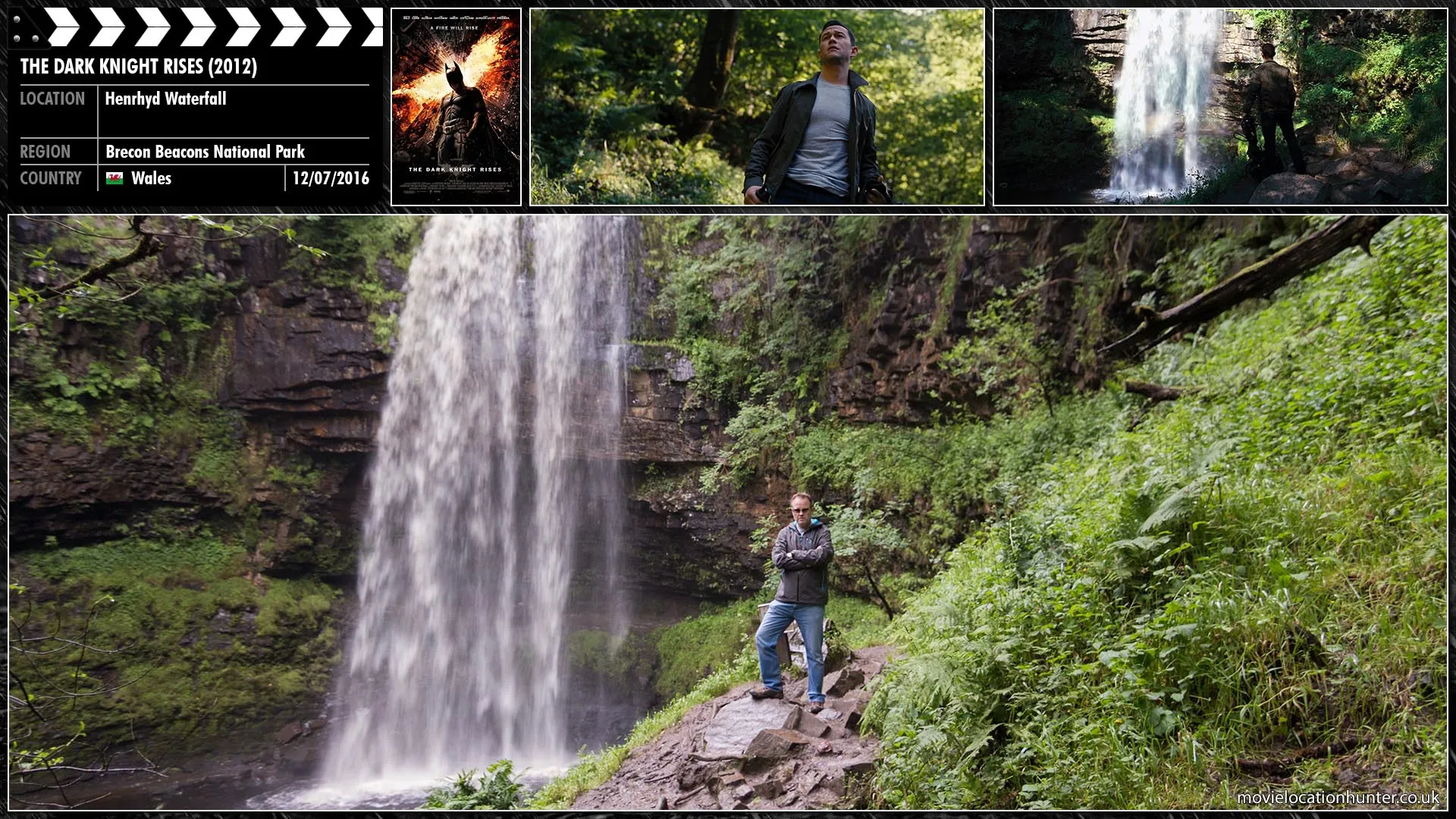 Filming location photo, shot in Wales, for The Dark Knight Rises (2012). Scene description: In the aftermath of Bruce Wayne's death, Blake is given a duffel bag as part of Bruce's will. After he opens it he finds a spelunking rope, and GPS coordinates. The information leads him to a waterfall (the entrance to the Batcave).