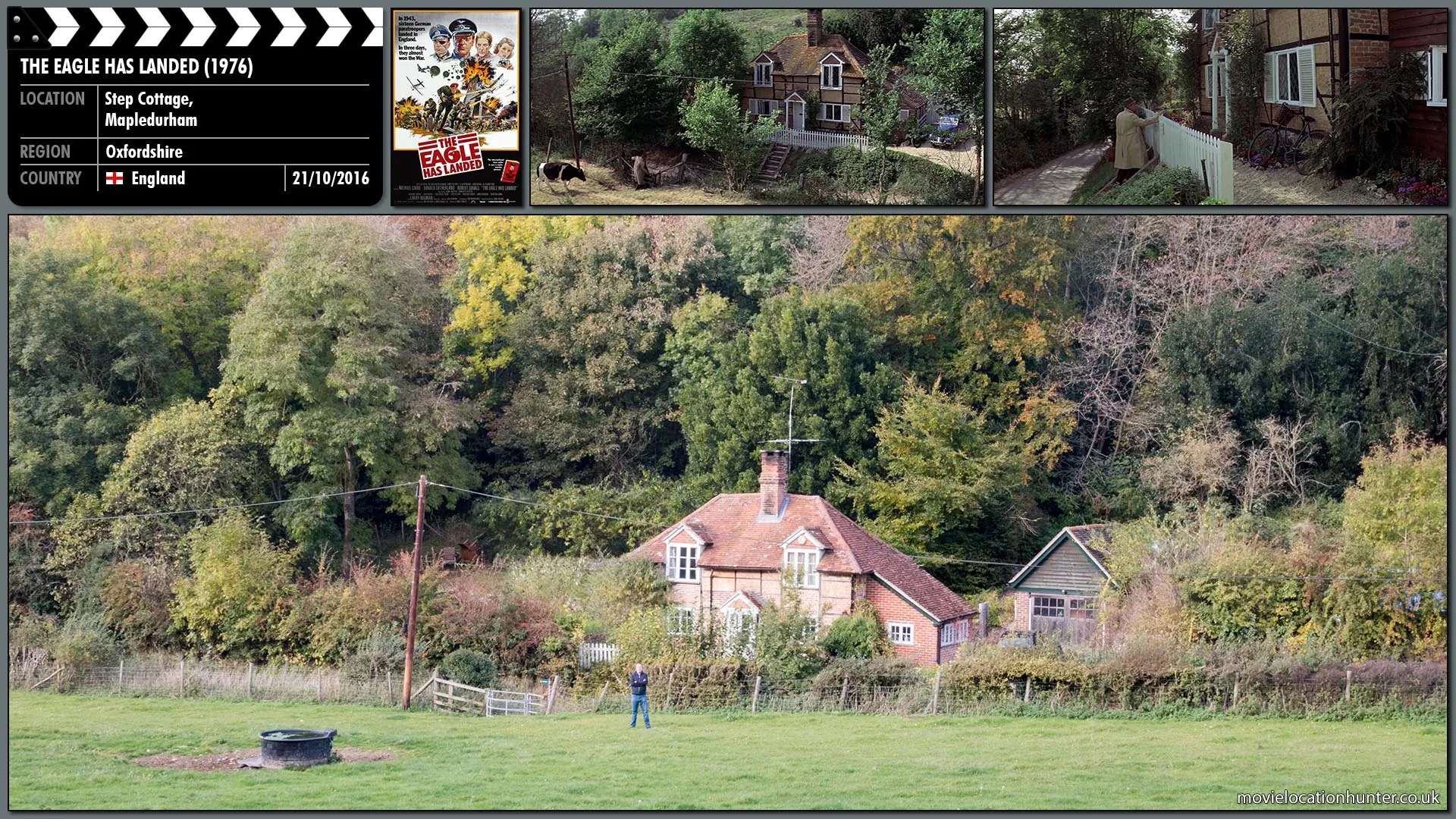 Filming location photo, shot in England, for The Eagle Has Landed (1976). Scene description: Liam Devlin (Donald Sutherland) walks across the field to meet up with his local contact German sleeper agent Miss Joanna Grey (Jean Marsh) at her country cottage.