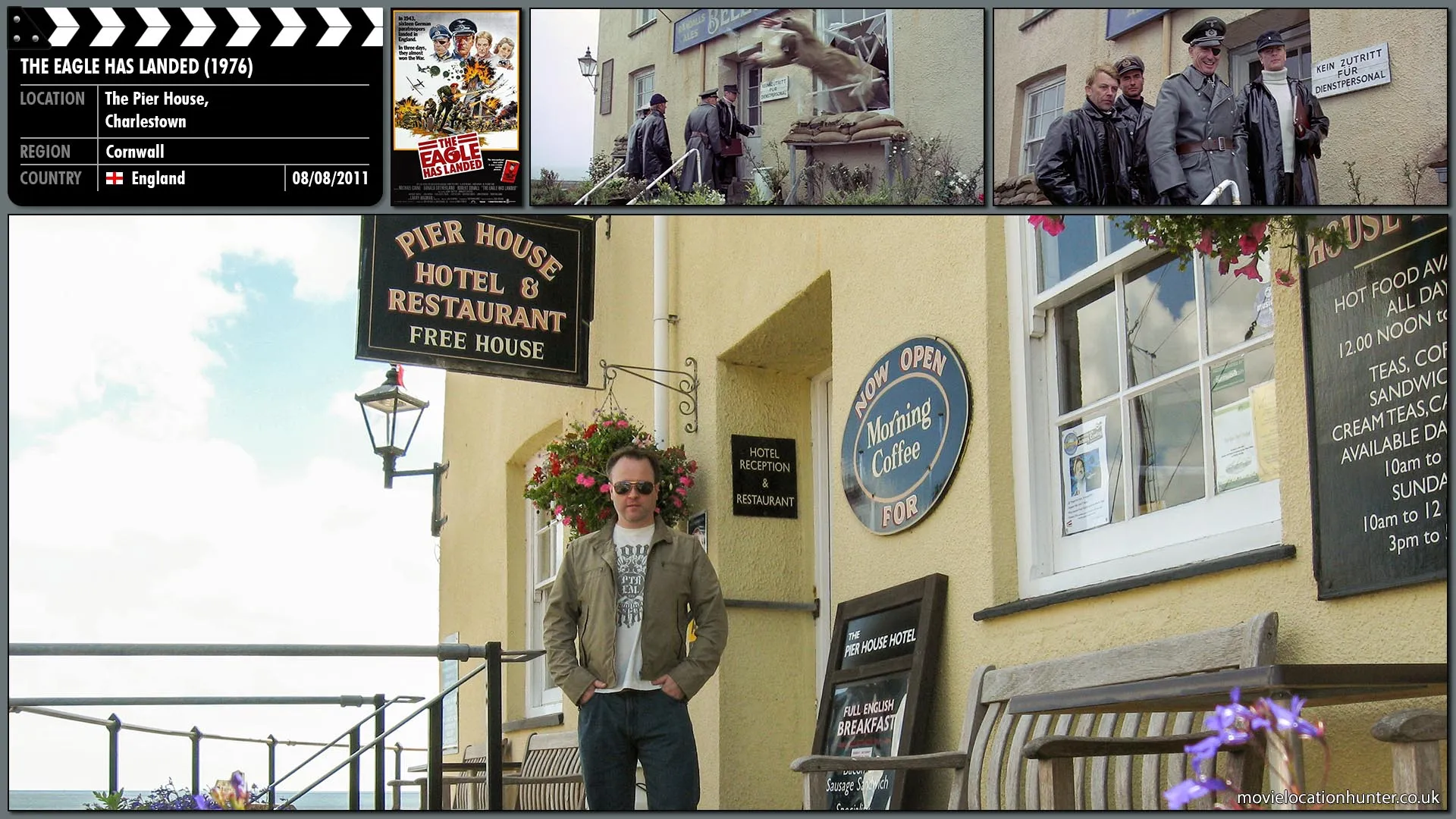 Filming location photo, shot in England, for The Eagle Has Landed (1976). Scene description: Liam Devlin (Donald Sutherland) attempts to buy a drink and is believed to be part of the Gestapo.  The bar tender pours the drink into the glass and then all over Devlin's arm.  Smiling, Devlin licks his own fingers and demands the bar tender suck his thumb.  As Steiner (Michael Caine) and Radl (Robert Duvall) walk towards the pub Devlin is thrown through the window.