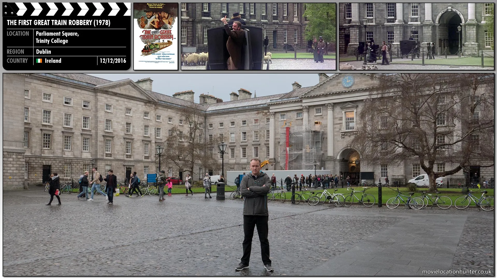 Filming location photo, shot in Ireland, for The First Great Train Robbery (1978). Scene description: Pierce (Sean Connery) and Agar escape, to the jubilation of the crowd and the chagrin of the police.