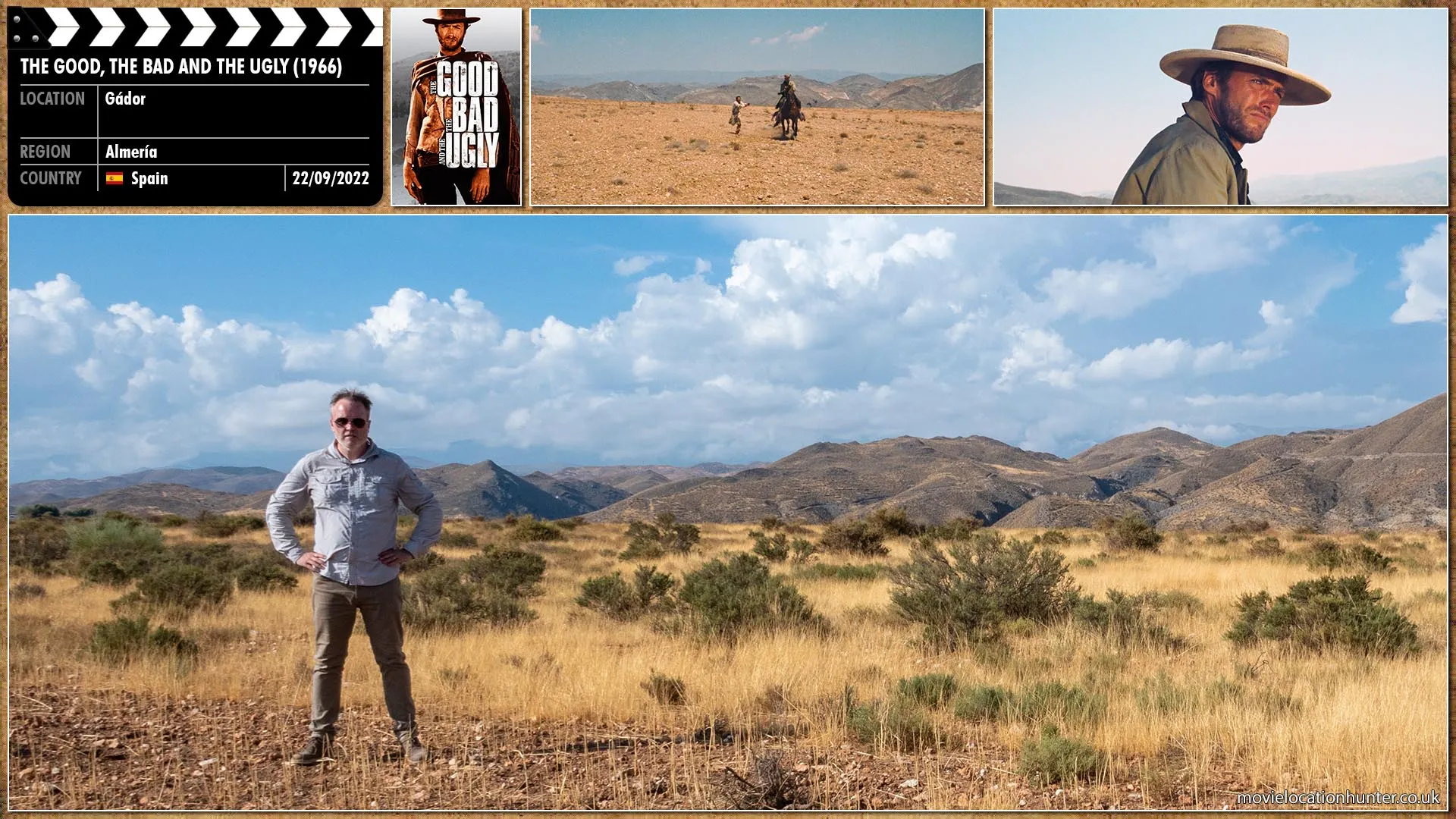 Filming location photo, shot in Spain, for The Good, the Bad and the Ugly (1966). Scene description: Blondie (Clint Eastwood) leaves Tuco (Eli Wallach) in the desert with no water.
