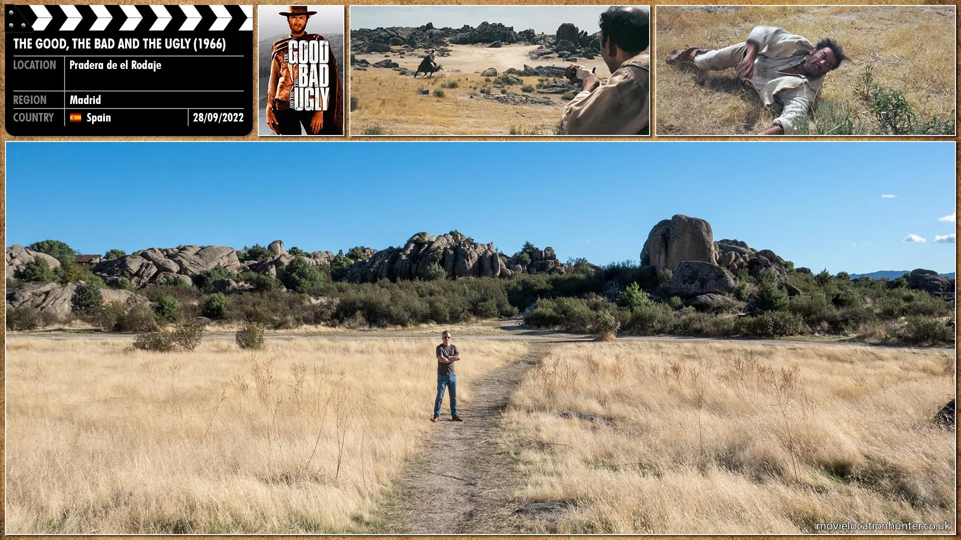 Filming location photo, shot in Spain, for The Good, the Bad and the Ugly (1966). Scene description: Tuco (Eli Wallach), who has a bounty on his head for numerous crimes, is ambushed by bounty hunters who shoot and scare his horse into make him fall from it so they can capture him.