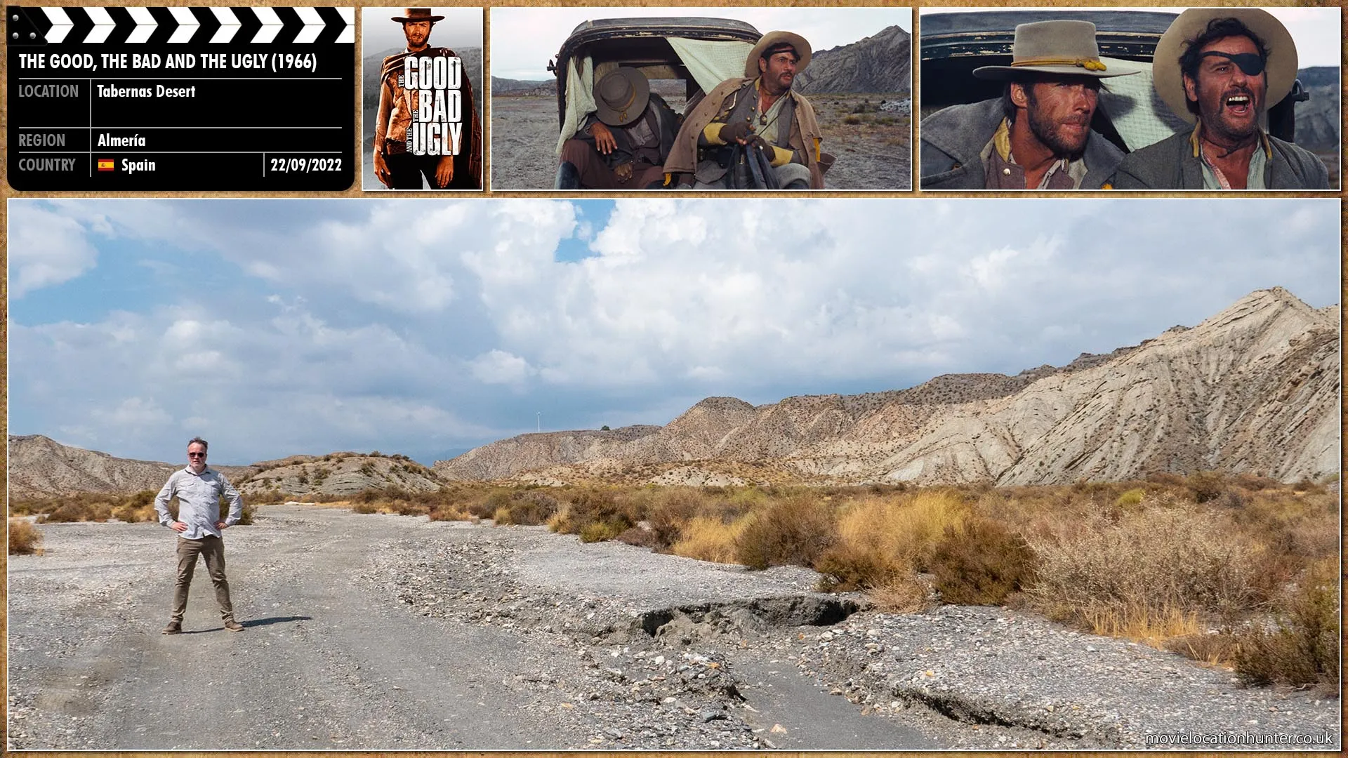 Filming location photo, shot in Spain, for The Good, the Bad and the Ugly (1966). Scene description: In search of gold, Tuco (Eli Wallach) and Blondie (Clint Eastwood), dressed as Confederate soldiers, come across what they believe to be fellow soldiers.
