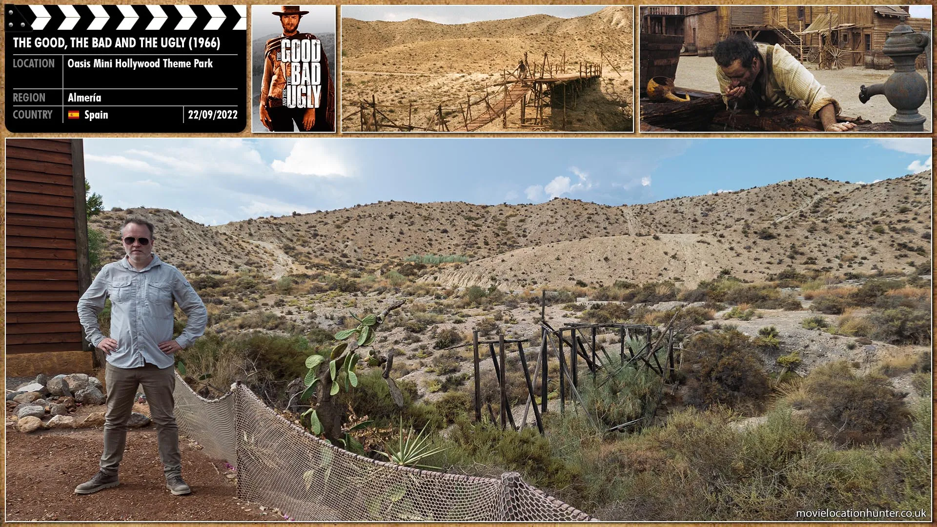 Filming location photo, shot in Spain, for The Good, the Bad and the Ugly (1966). Scene description: Tuco (Eli Wallach) checks on a map hinting at the location of the gold but won’t share the exact location with Blondie.  He just asks him to trust him.