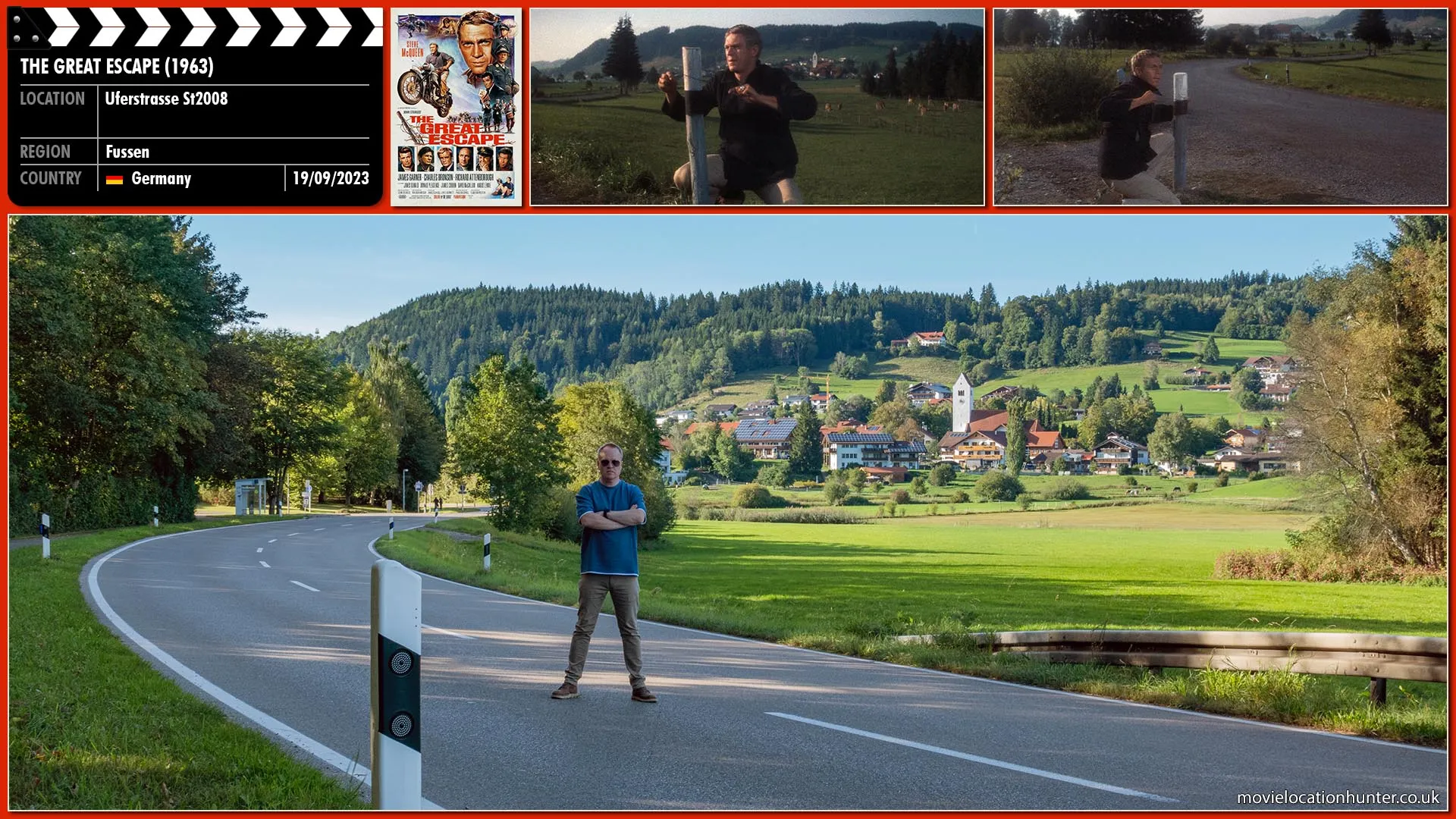 Filming location photo, shot in Germany, for The Great Escape (1963). Scene description: Hilts (Steve McQueen) strings a wire across a rural road, knocking a German soldier off his motorcycle, which Hilts then steals, along with the German's uniform.