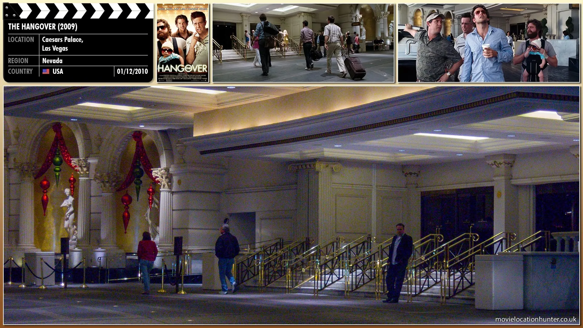 Filming location photo, shot in USA, for The Hangover (2009). Scene description: Outside the hotel, the trio waits for the valet to bring around their car. They notice a cleaning crew removing a mattress impaled on Caesar's statue on an upper level of the hotel. Phil (Bradley Cooper) notes that they must have had a wild night. The valet drives up, not in the Mercedes, but in a police car and gives Phil the keys. They drive off and head to the hospital to get a lead on where Doug (Justin Bartha) is.