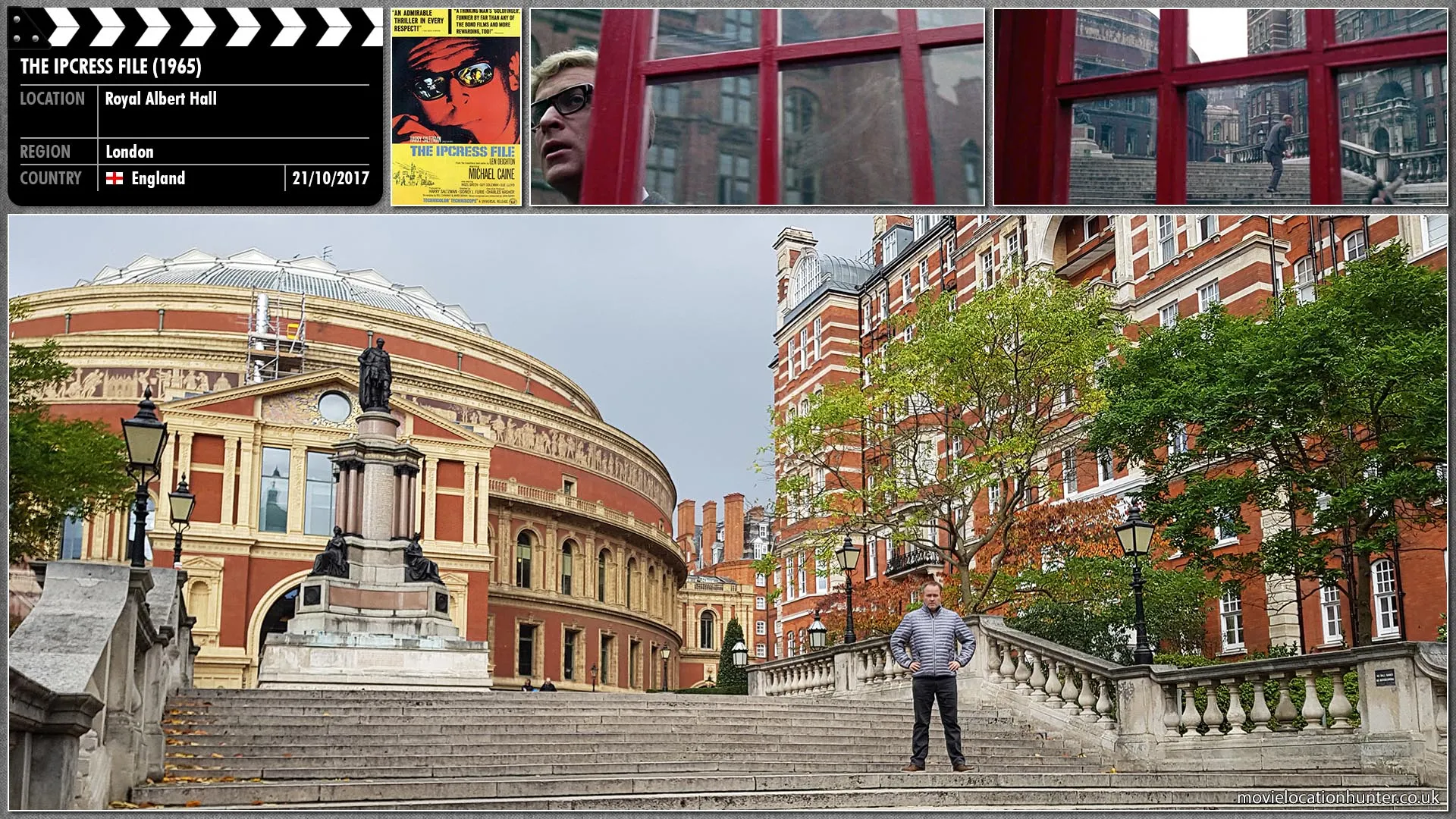 Filming location photo, shot in England, for The Ipcress File (1965). Scene description: Using a Scotland Yard contact, Harry (Michael Caine) locates Grantby (Frank Gatliff), who gives Harry a piece of paper with a contact number on it. Harry tries the number from a phone booth, but it doesn't work. He tries to stop Grantby leaving, but Housemartin (Oliver MacGreevy) attacks him and the two get away.