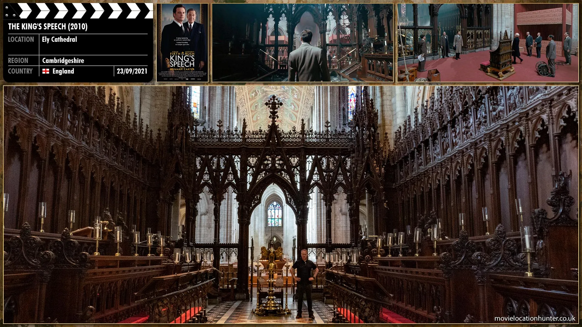 Filming location photo, shot in England, for The King's Speech (2010). Scene description: When the king (Colin Firth) insists that Logue (Geoffrey Rush) be seated in the king's box during his May 1937 coronation in Westminster Abbey, Archbishop of Canterbury Dr. Cosmo Lang (Derek Jacobi) questions Logue's qualifications. This prompts another confrontation between the king and Logue, who explains that he never claimed to be a doctor and had only begun practicing speech therapy by informal treatment of shell-shocked soldiers in the last war. When the king still isn't convinced of his own strengths, Logue sits in St. Edward's Chair dismissing the Stone of Scone as a trifle, whereupon the king remonstrates with Logue for his disrespect. The king then realises that he is as capable as those before him.