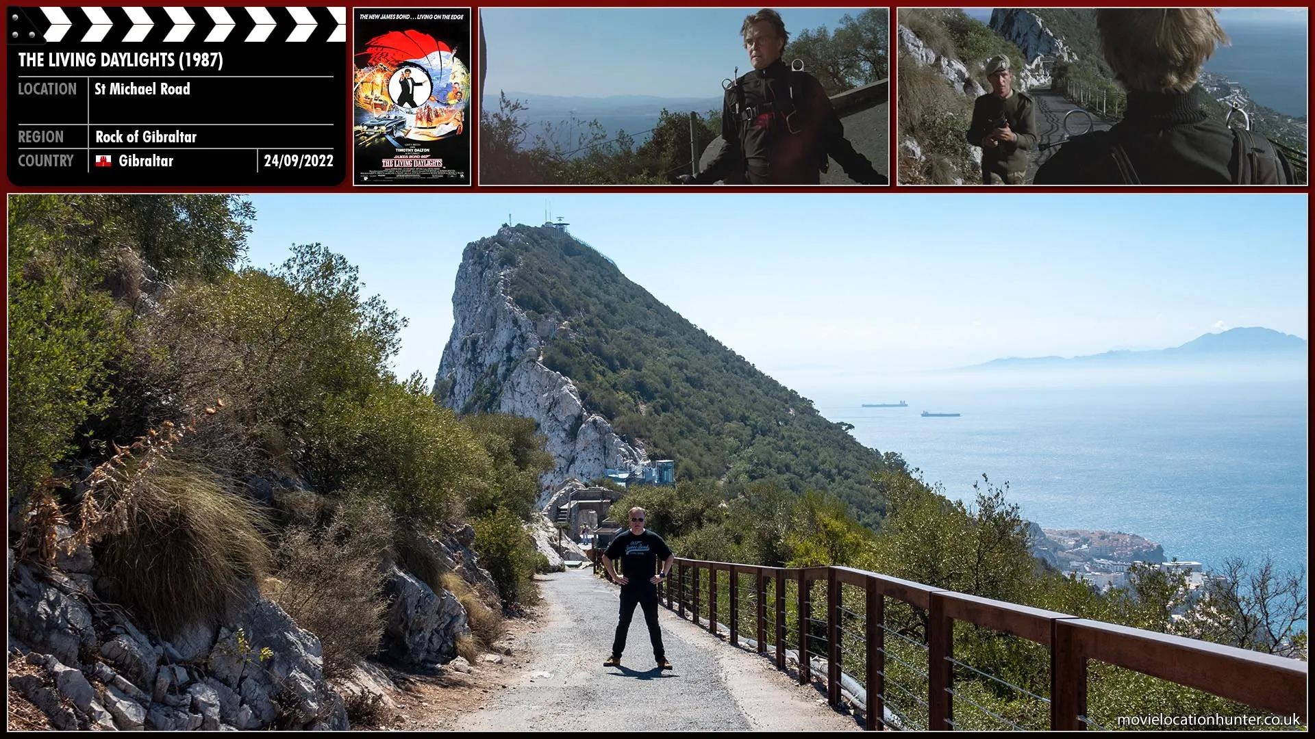 Filming location photo, shot in Gibraltar, for The Living Daylights (1987). Scene description: The disturbance of 002 (Glyn Baker) attempting to land alerts an SAS solider who steps out of the shadows and shoots him twice with a paintball gun instantly disqualifying him from the exercise.