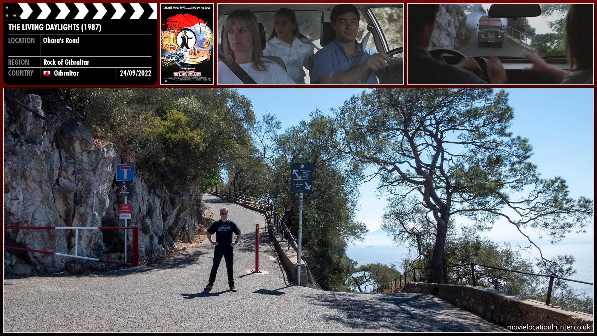 Filming location photo, shot in Gibraltar, for The Living Daylights (1987). Scene description: The Land Rover, with Bond (Timothy Dalton) fighting his way into the Land Rover from the roof, speeds towards tourists and narrowly avoids crashing into a family car.