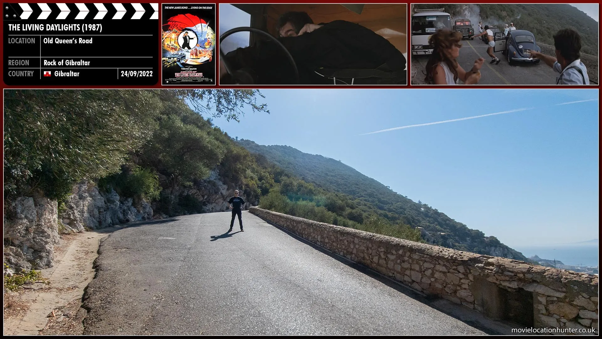 Filming location photo, shot in Gibraltar, for The Living Daylights (1987). Scene description: Bond (Timothy Dalton) tries to gain control of the vehicle as they smash past cars park either side of the road.