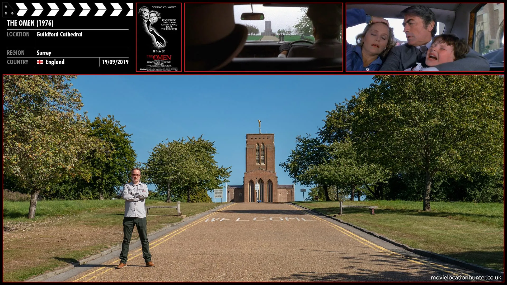 Filming location photo, shot in England, for The Omen (1976). Scene description: Robert Thorn (Gregory Peck), his wife (Lee Remick) and their son Damien (Harvey Stephens) travel to a cathedral where Damien becomes more fearful as their car approaches. He has a violent reaction in which he injures his mother trying to get away. The car pulls away hurriedly.