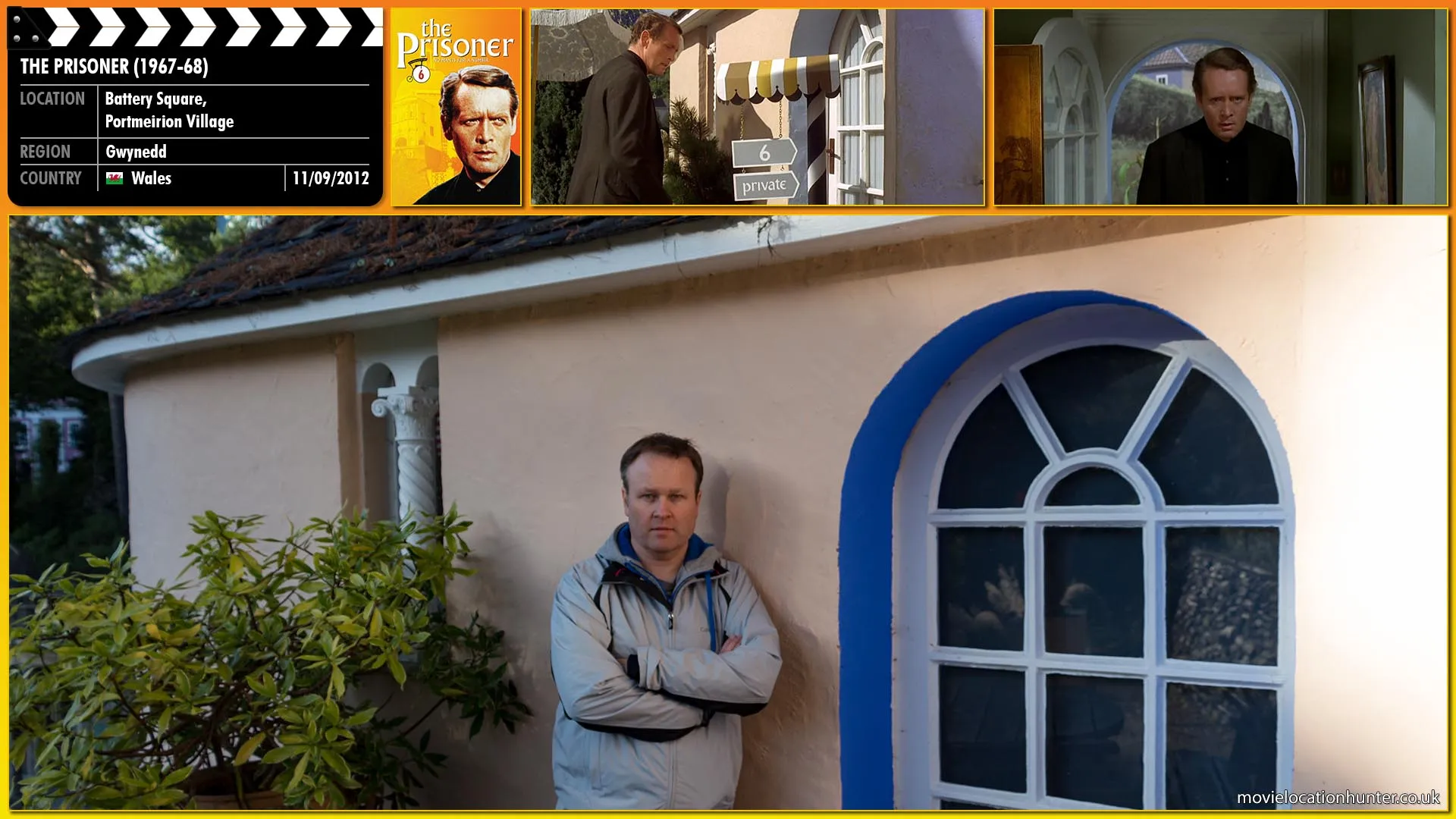 Filming location photo, shot in Wales, for The Prisoner (1967). Scene description: Frustrated in his attempts to discover his location The Prisoner (Patrick McGoohan) returns to the mock-up study to find it is attached to a modern flat.