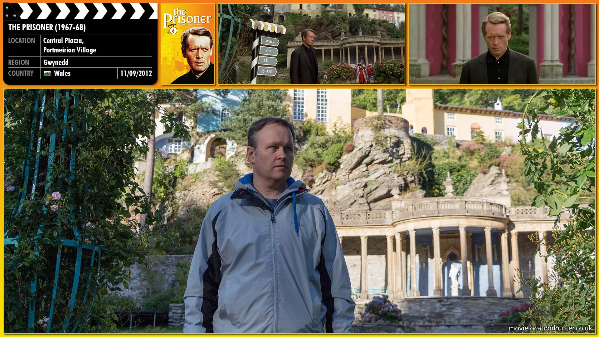 Filming location photo, shot in Wales, for The Prisoner (1967). Scene description: Citizens are out and about the village, musicians of the Brass Band make their way to the Bandstand. Two citizens greet the prisoner (Patrick McGoohan). Suddenly a man begins to run around in no direction, Number 2 (Colin Gordon) orders him to 'be still' but the man persists, until the appearance of the white membrane mass of the village guardian, which attacks the man, knocking him down to the ground and suffocating him.