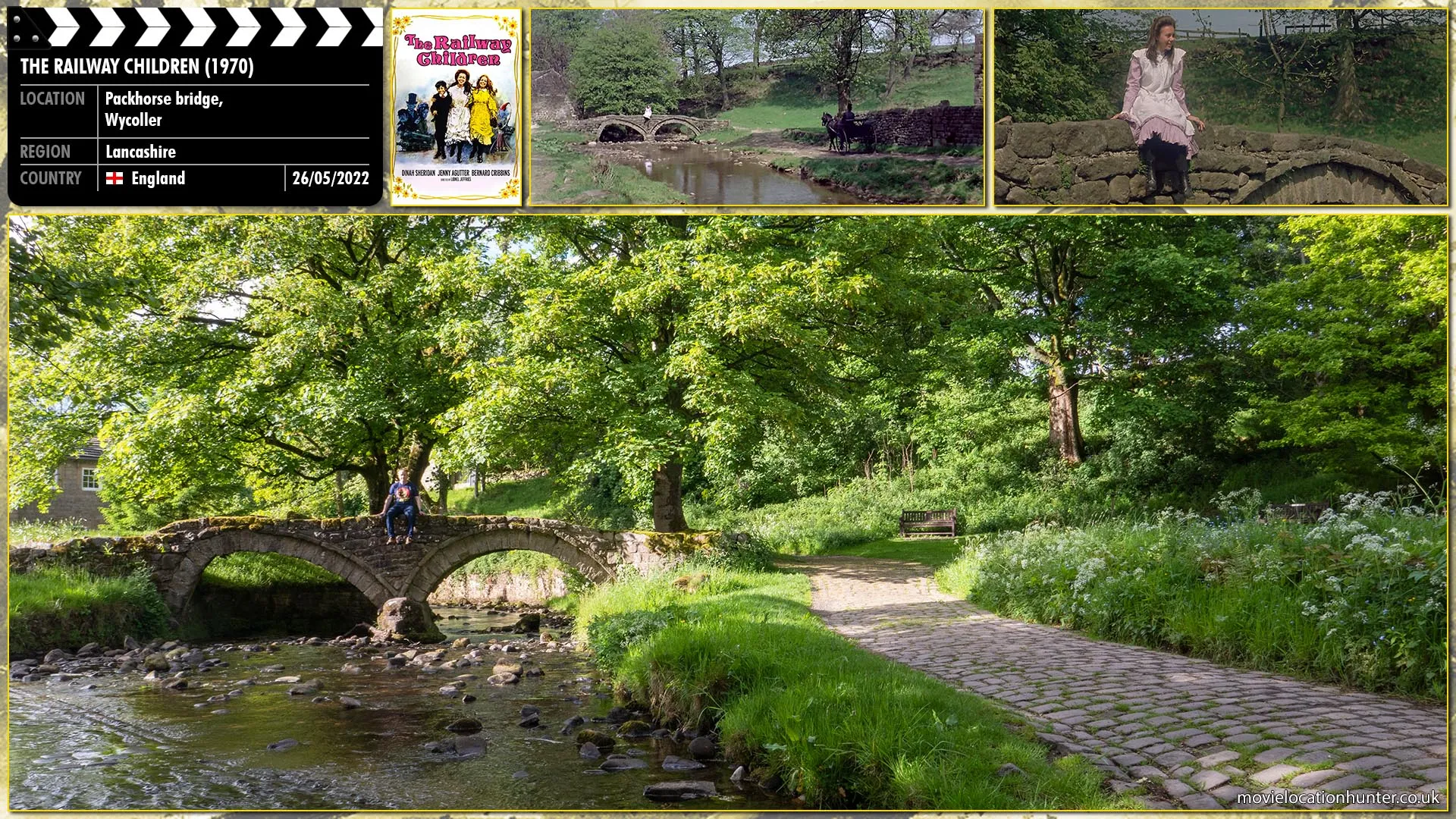 Filming location photo, shot in England, for The Railway Children (1970). Scene description: Roberta (Jenny Agutter) sits on a small bridge waiting for Doctor Forrest (Peter Bromilow) as she wants to ask if they could join his club for the poor even though her mother had told her never to tell anyone about their circumstances.