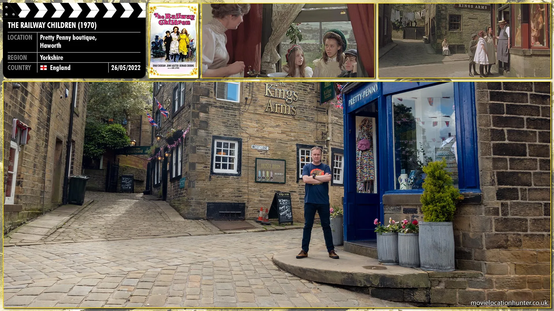 Filming location photo, shot in England, for The Railway Children (1970). Scene description: The children ask the village butcher for a gift for Mr Perks (Bernard Cribbins) which he gladly obliges.