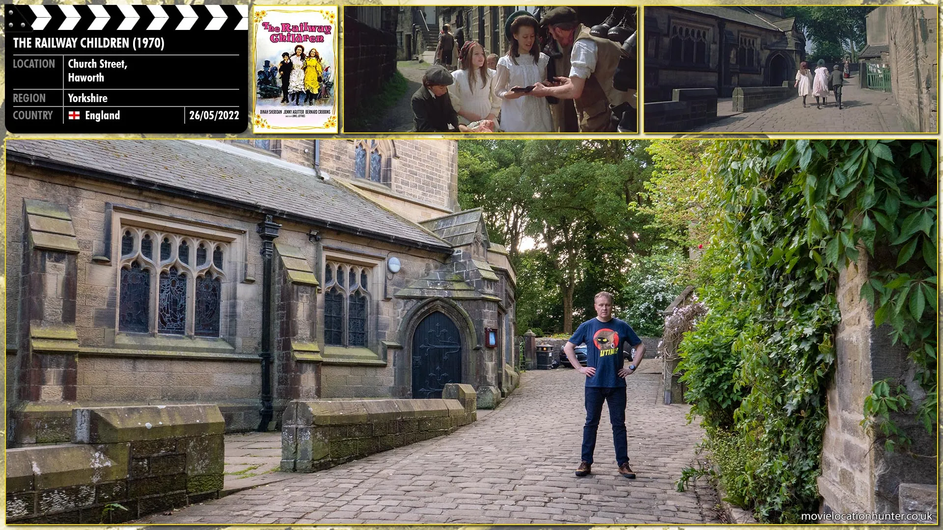 Filming location photo, shot in England, for The Railway Children (1970). Scene description: The children happily stroll past the church having collected various gifts from the villagers for Mr Perks (Bernard Cribbins) upcoming birthday.