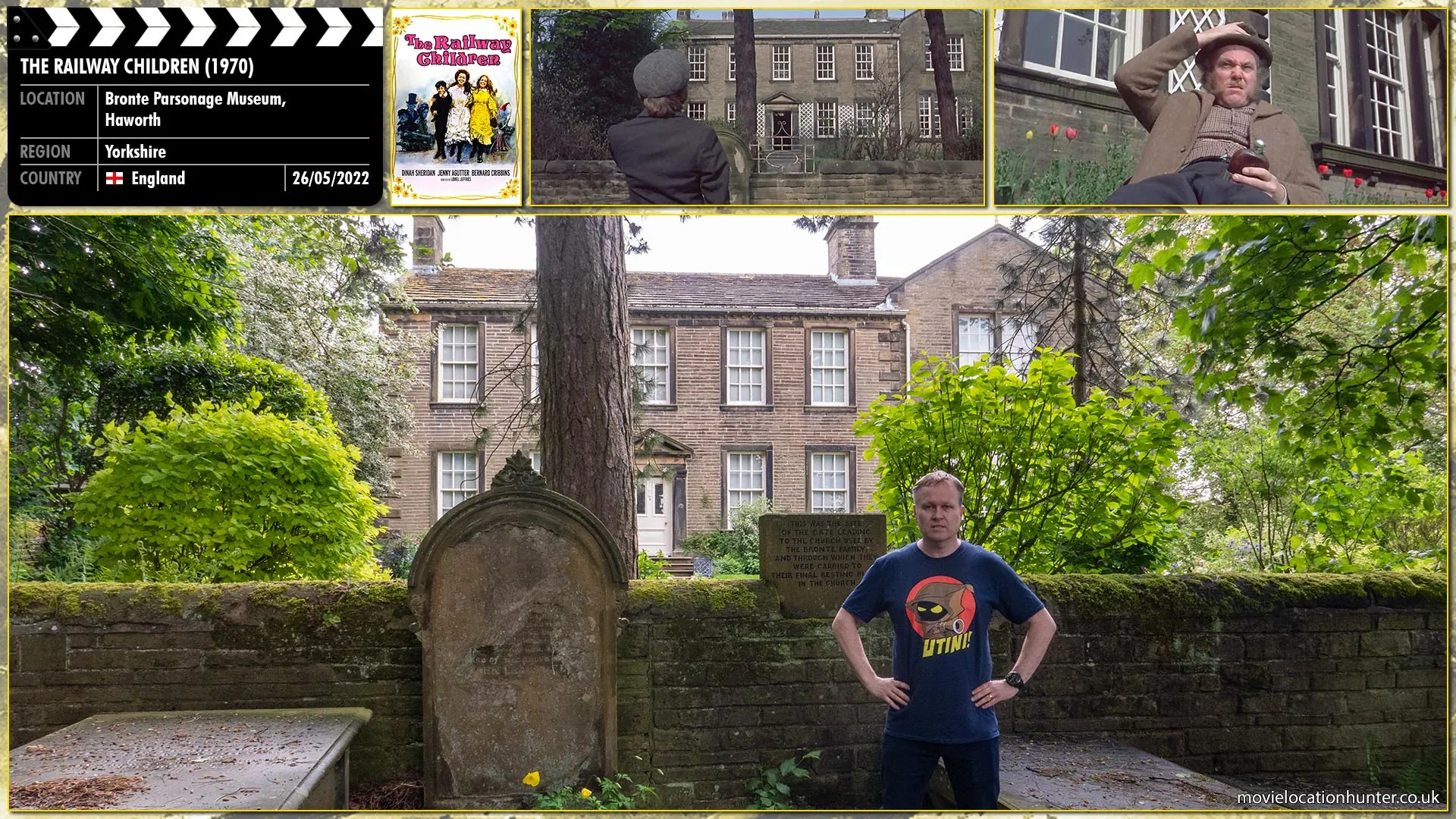 Filming location photo, shot in England, for The Railway Children (1970). Scene description: Peter (Gary Warren) stands in the graveyard just behind a wall at the surgery and calls out to the doctor (Peter Bromilow) who has fallen asleep drunk on his lawn. He quickly wakes and hides his bottle of alcohol.