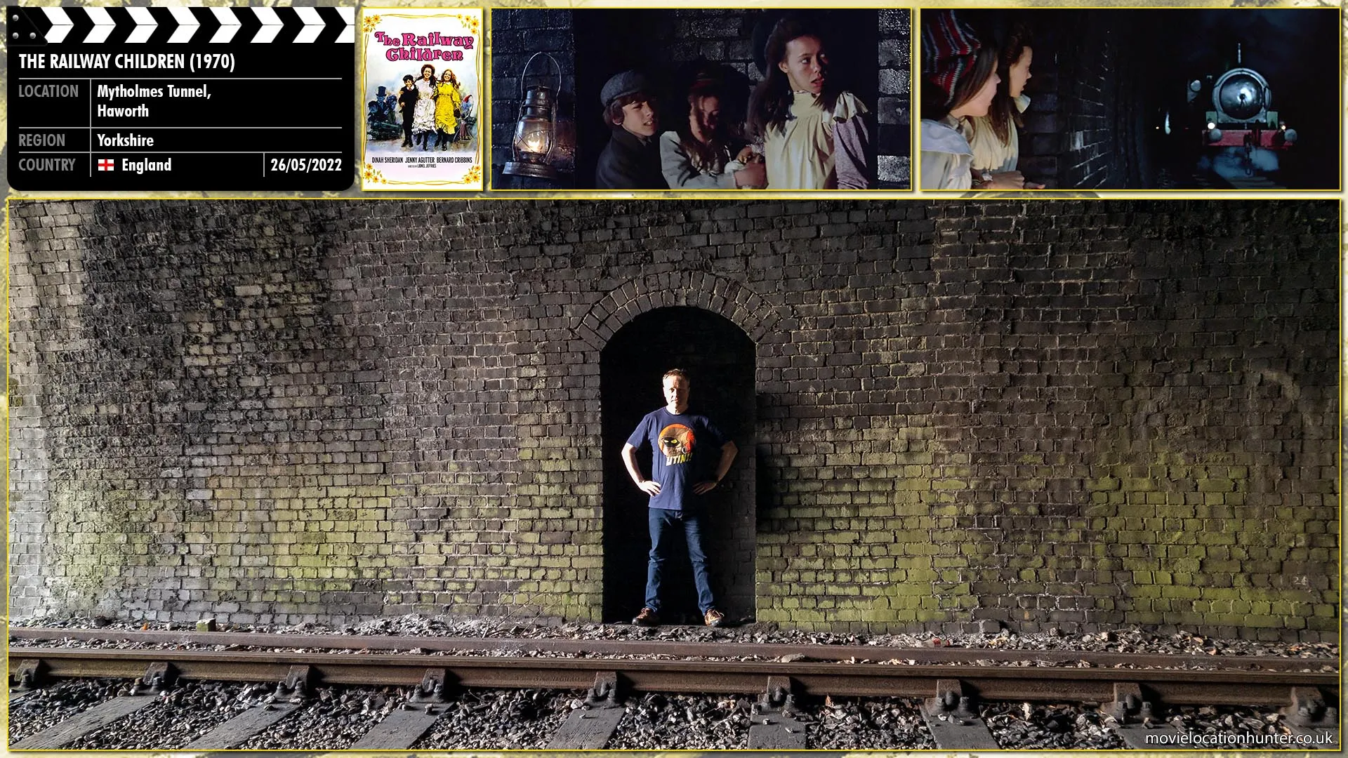 Filming location photo, shot in England, for The Railway Children (1970). Scene description: One of the boys injures his leg in a railway tunnel and is helped by the children