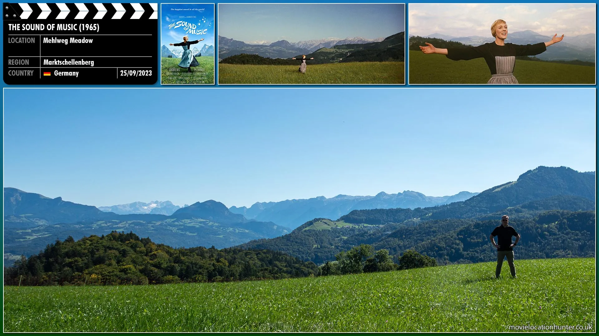 Filming location photo, shot in Germany, for The Sound of Music (1965). Scene description: Salzburg, Austria, 1938. A postulant, Maria (Julie Andrews), stands atop a hill, singing at the top of her voice.
