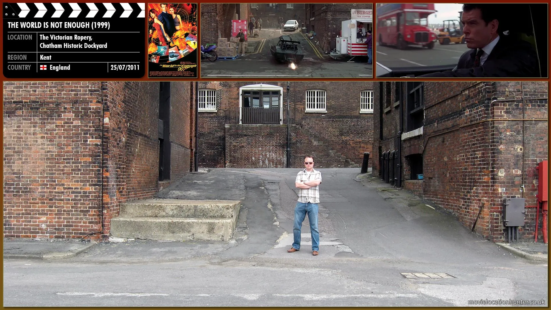 Filming location photo, shot in England, for The World Is Not Enough (1999). Scene description: After the assassination Sir Robert King (David Calder) at MI6 headquarters Bond (Pierce Brosnan) takes a small, experimental, jet-powered boat belonging to Q and races after the woman assassin, chasing her down the Thames before cutting her off by driving through the streets.