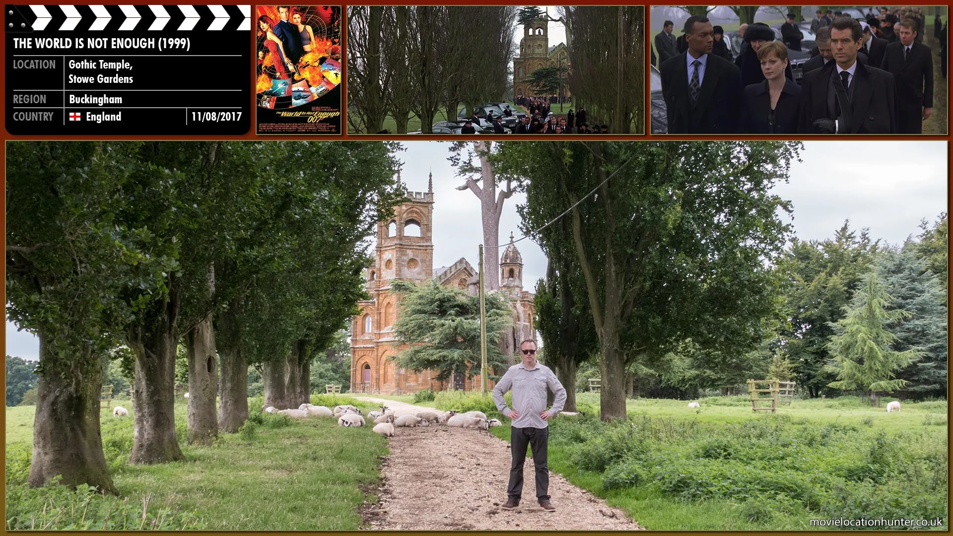 Filming location photo, shot in England, for The World Is Not Enough (1999). Scene description: At Robert King's (David Calder) funeral service, M (Judi Dench) assigns James Bond (Pierce Brosnan) to protect his daughter and heir Elektra (Sophie Marceau).