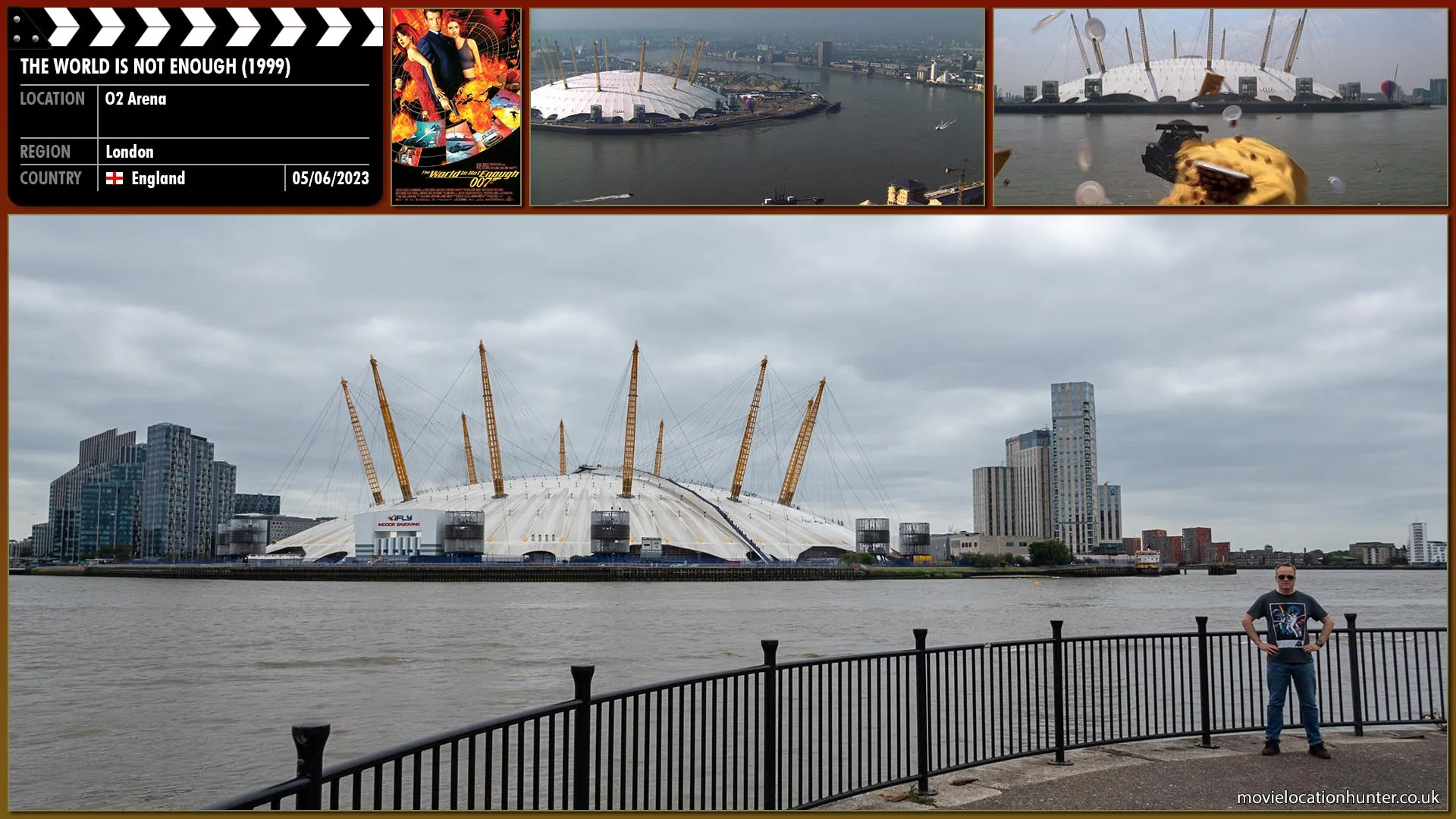 Filming location photo, shot in England, for The World Is Not Enough (1999). Scene description: Bond (Pierce Brosnan) smashes through a restaurant, sending diners leaping in every direction, and shoots out over the balcony and back into the River Thames to the stunned amazement of the assassin who turns and drives at speed towards a hot air balloon at the edge of the Millennium Dome.