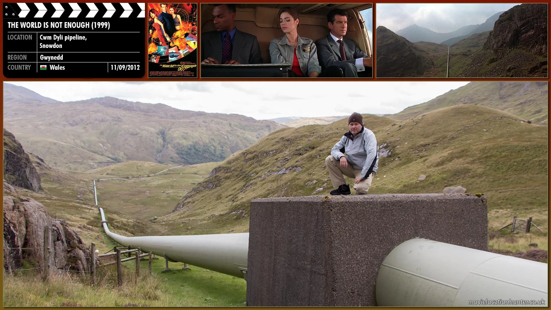 Filming location photo, shot in Wales, for The World Is Not Enough (1999). Scene description: Bond (Pierce Brosnan), Dr. Christmas Jones (Denise Richards) and Charles Robinson (Colin Salmon) ride in the back of a MI6 helicopter as it swoops along the pipeline looking for an access hatch.
