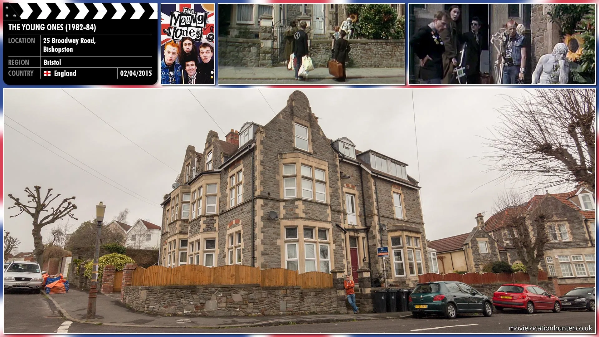 Filming location photo, shot in England, for The Young Ones (1982). Scene description: Mike (Christopher Ryan), Rick (Rik Mayall), Vyvyan (Adrian Edmondson) and Neil (Nigel Planer) moved into a new house after the destruction of their previous abode.