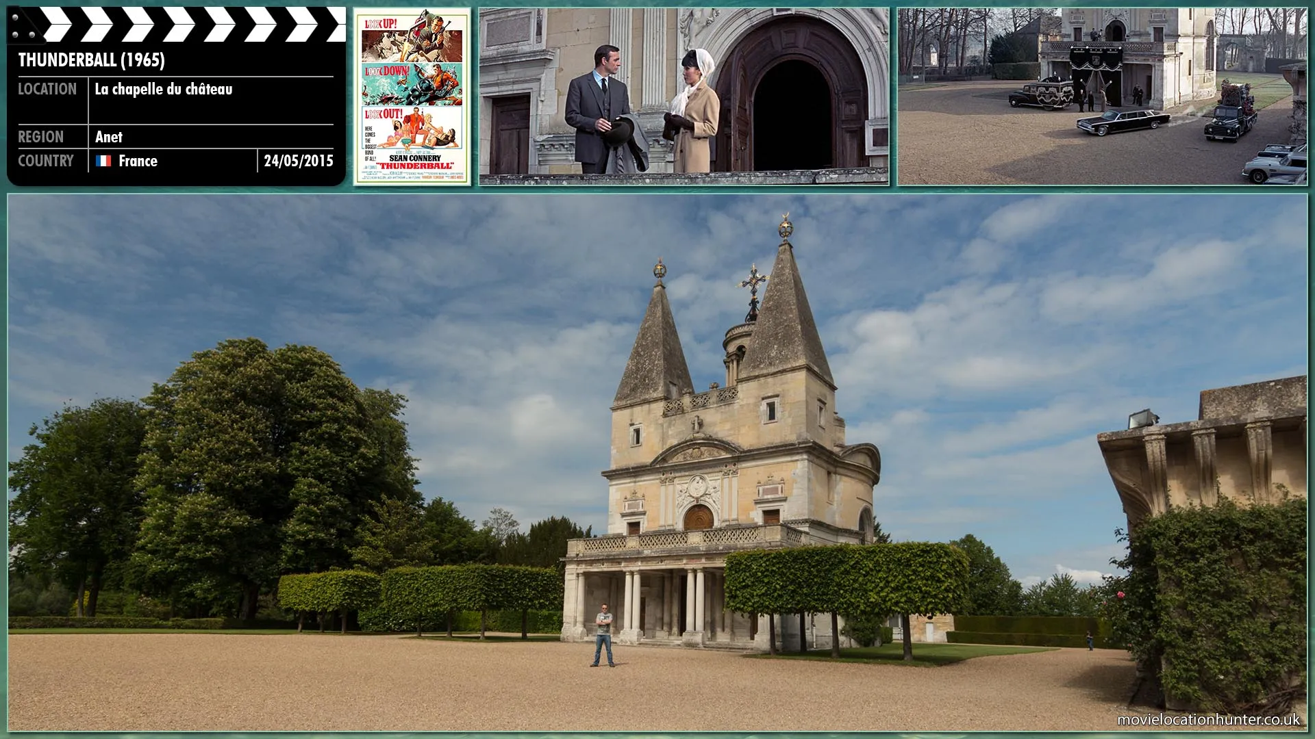 Filming location photo, shot in France, for Thunderball (1965). Scene description: Bond (Sean Connery) attends the funeral of Colonel Jacques Bouvar (Bob Simmons), a SPECTRE operative (Number 6).
