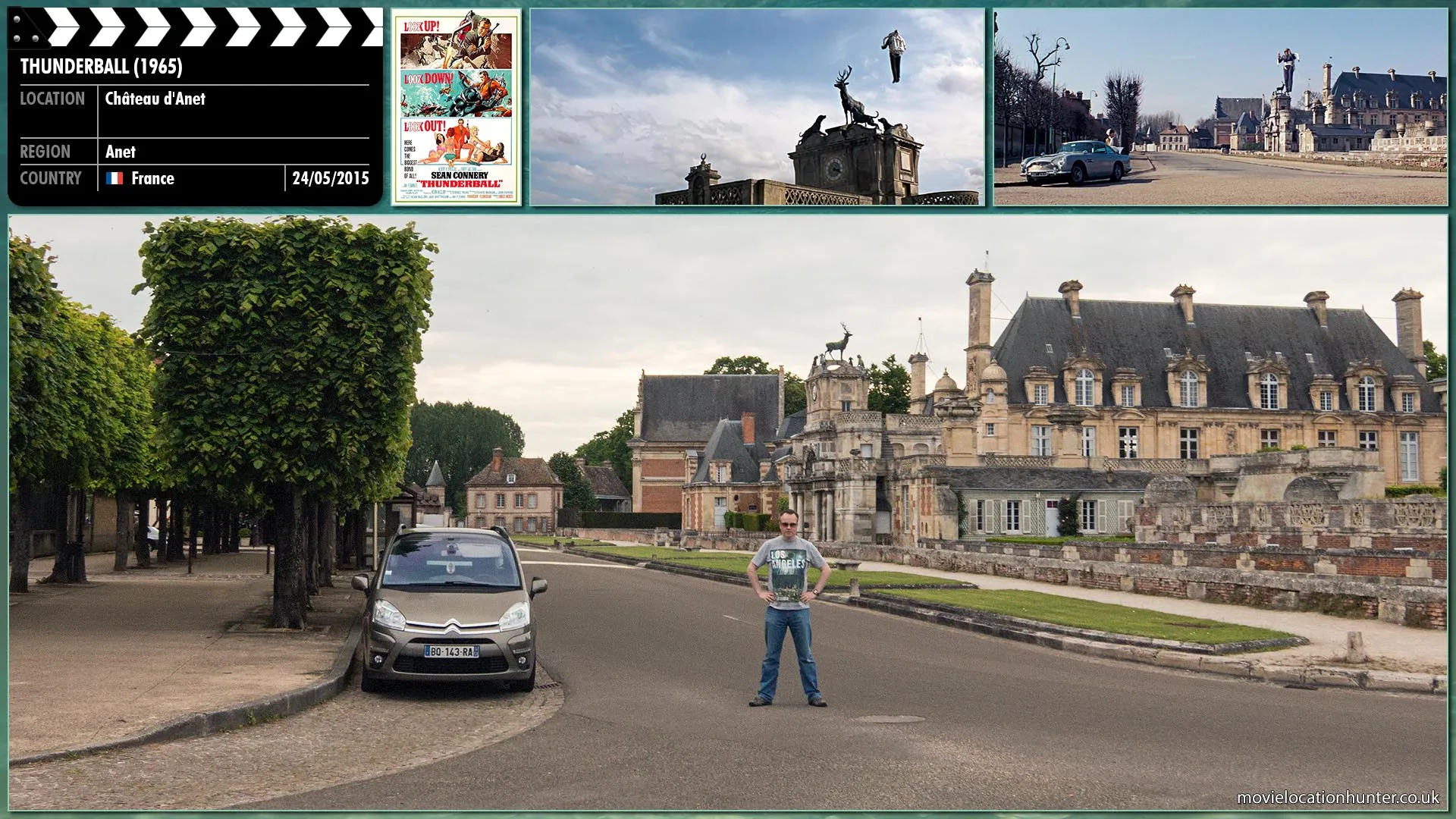 Filming location photo, shot in France, for Thunderball (1965). Scene description: Bond (Sean Connery) escapes using a jetpack and his Aston Martin DB5, conveniently driven up by confederate and minor Bond girl Madame La Porte (Maryse Guy Mitsouko).