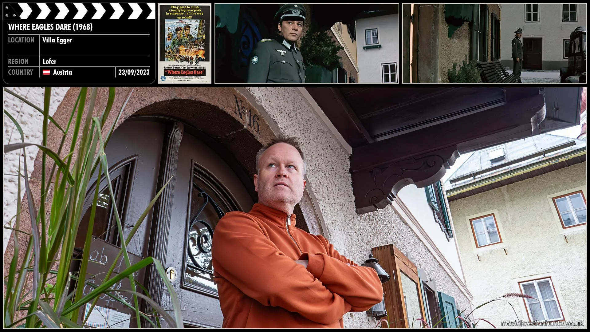 Filming location photo, shot in Austria, for Where Eagles Dare (1968). Scene description: Smith (Richard Burton) has a coded exchange with the barmaid (Ingrid Pitt), who turns out to be a British agent, and shortly thereafter meets both her and Mary (Mary Ure) in the woodshed behind the inn.