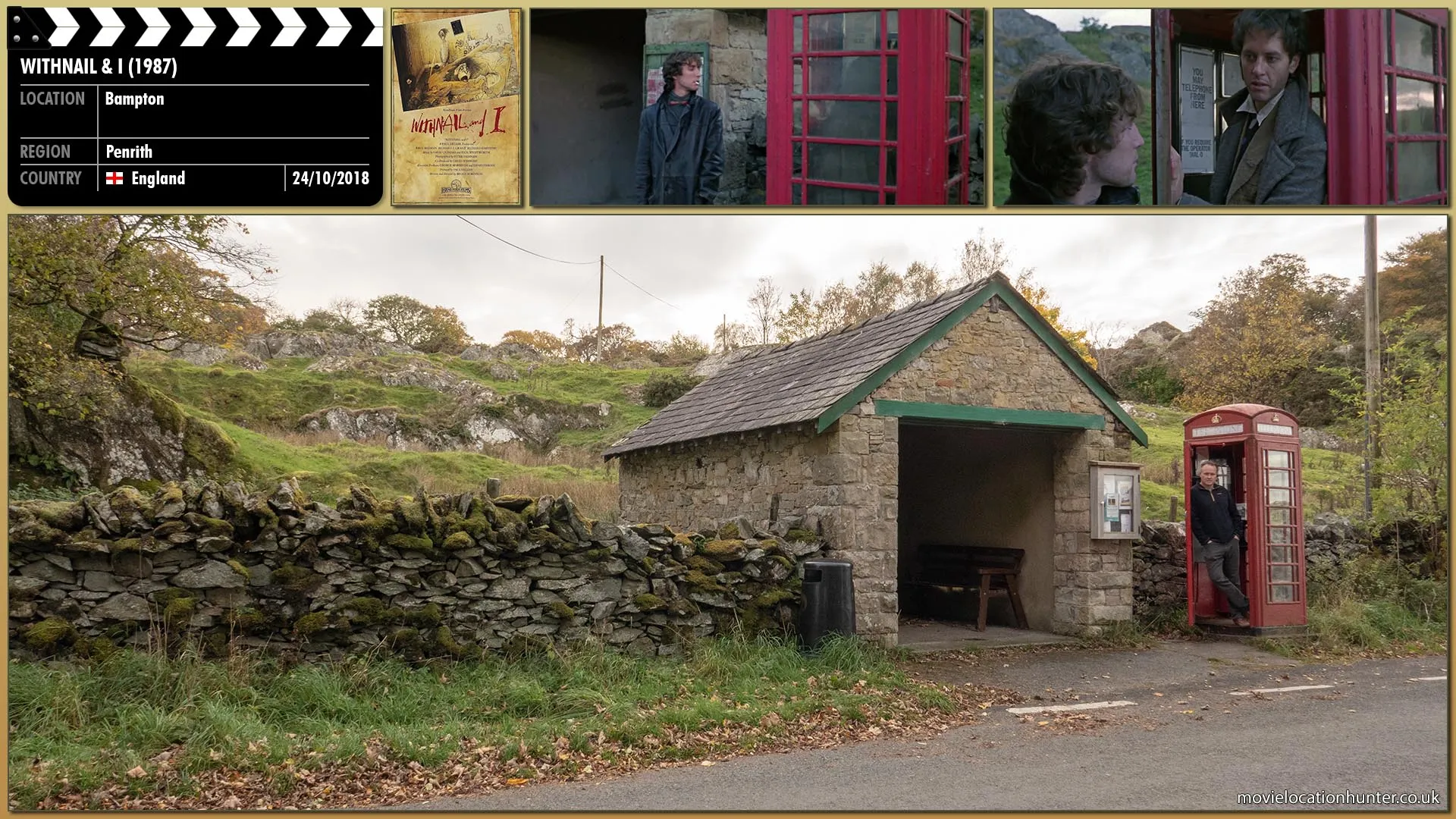 Filming location photo, shot in England, for Withnail & I (1987). Scene description: Withnail (Richard E. Grant) calls his agent from a phone box, while Marwood (Paul McGann) stamps his feet.
