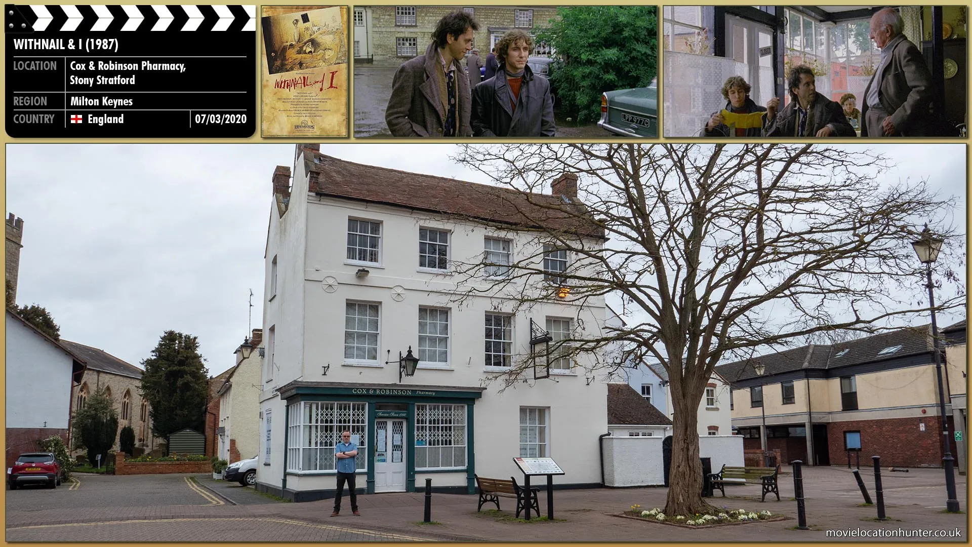 Filming location photo, shot in England, for Withnail & I (1987). Scene description: Withnail (Richard E. Grant) and I (Paul McGann) enter the Penryth tea-rooms. I sits down at a table and starts buttering the bread rolls on the table. Withnail, still standing, points to the table and addresses an elderly waitress.