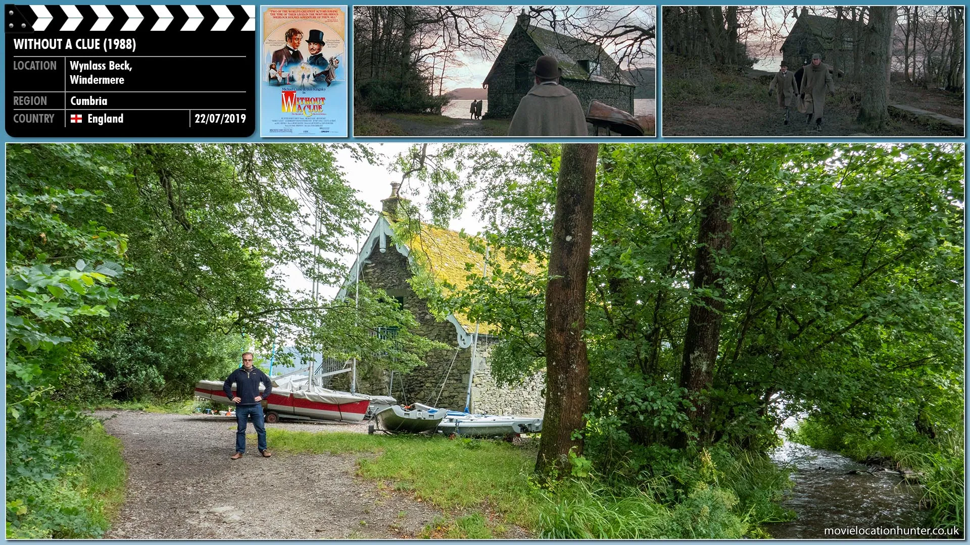 Filming location photo, shot in England, for Without a Clue (1988). Scene description: Holmes (Michael Caine) and Watson (Ben Kingsley) investigate the cottage leased to Giles (John Warner)