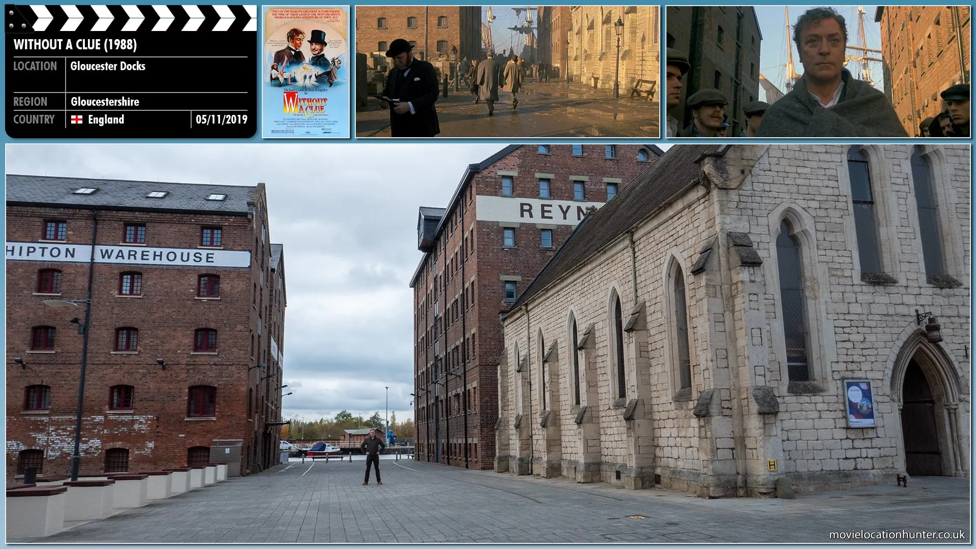 Filming location photo, shot in England, for Without a Clue (1988). Scene description: Holmes (Michael Caine), Dr. Watson (Ben Kingsley) arrive at Southwark Docks and are greeted by a young boy named Wiggins (Matthew Savage) who provides inside information of the latest ship arrivals.